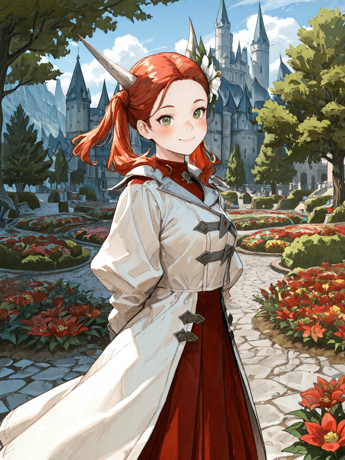 <lora:Raya-O-Senna_0R:0.7>, rayaosenna, <lora:CC_Aesthetic_Masterpiece_1:1>
<lora:ST_Sailor_Moon_0R:0.9>, bsssmstyle
green eyes, red hair, twintails, horns, hair flower, freckles
white dress, long coat, red skirt
masterpiece, best quality, amazing quality, very aesthetic, absurdres, highres, detailed background, anime style
1girl, (detailed eyes:1.2), (detailed face:1.2), detailed skin
facing viewer, looking at viewer, dynamic pose, blush, smile
(outdoors, fantasy, town, castle, tree, bush, flower bed)