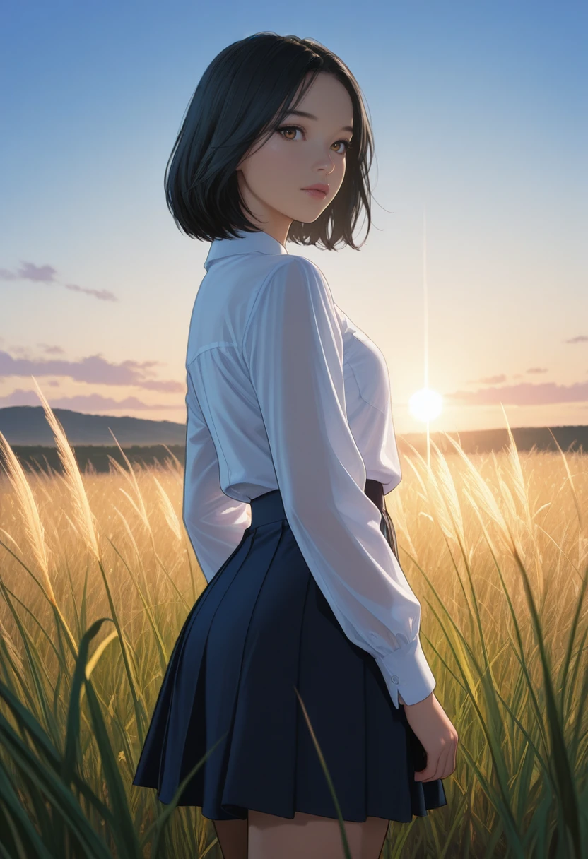 masterpiece, very aesthetic, best quality, absurdres, newest,
<lora:ILUDEmily:1.0>
UDEmily, 1girl, black hair, brown eyes, short hair, looking at viewer, low angle cowboy shot, backlit by sun, tall grass surrounding, dreamy atmosphere, professional editorial photography