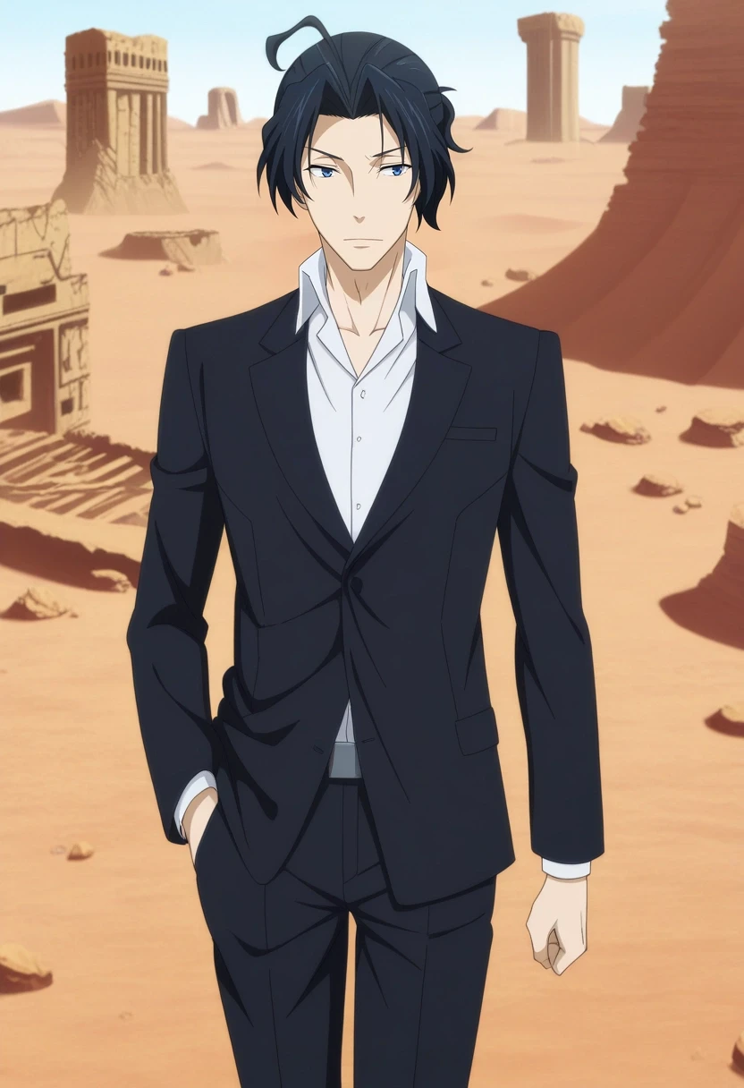 masterpiece, best quality, anime screencap, official style, anime coloring, cowboy shot, 1boy, solo, male focus, <lora:sherlock_holmes_ilxl:0.94>, sherlock_holmes, black hair, blue eyes, short hair, ponytail, ahoge, white shirt, collared shirt, formal, suit, black jacket, desert ruins, ancient structures, walking with flowing scarf, confident expression, harsh midday light, Harem pants, Plaid flannel hoodie, Suede sneakers, Peaked cap,