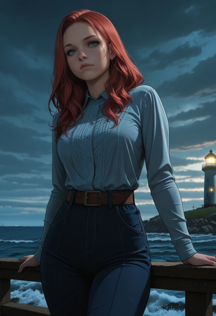 masterpiece, very aesthetic, best quality, absurdres, newest,
<lora:ILUDAshley:1.0>
UDAshley, 1girl, closed mouth, red hair, green eyes, long hair, looking at viewer, cowboy shot leaning against a lighthouse, stormy sky, dramatic tension, cinematic fashion editorial