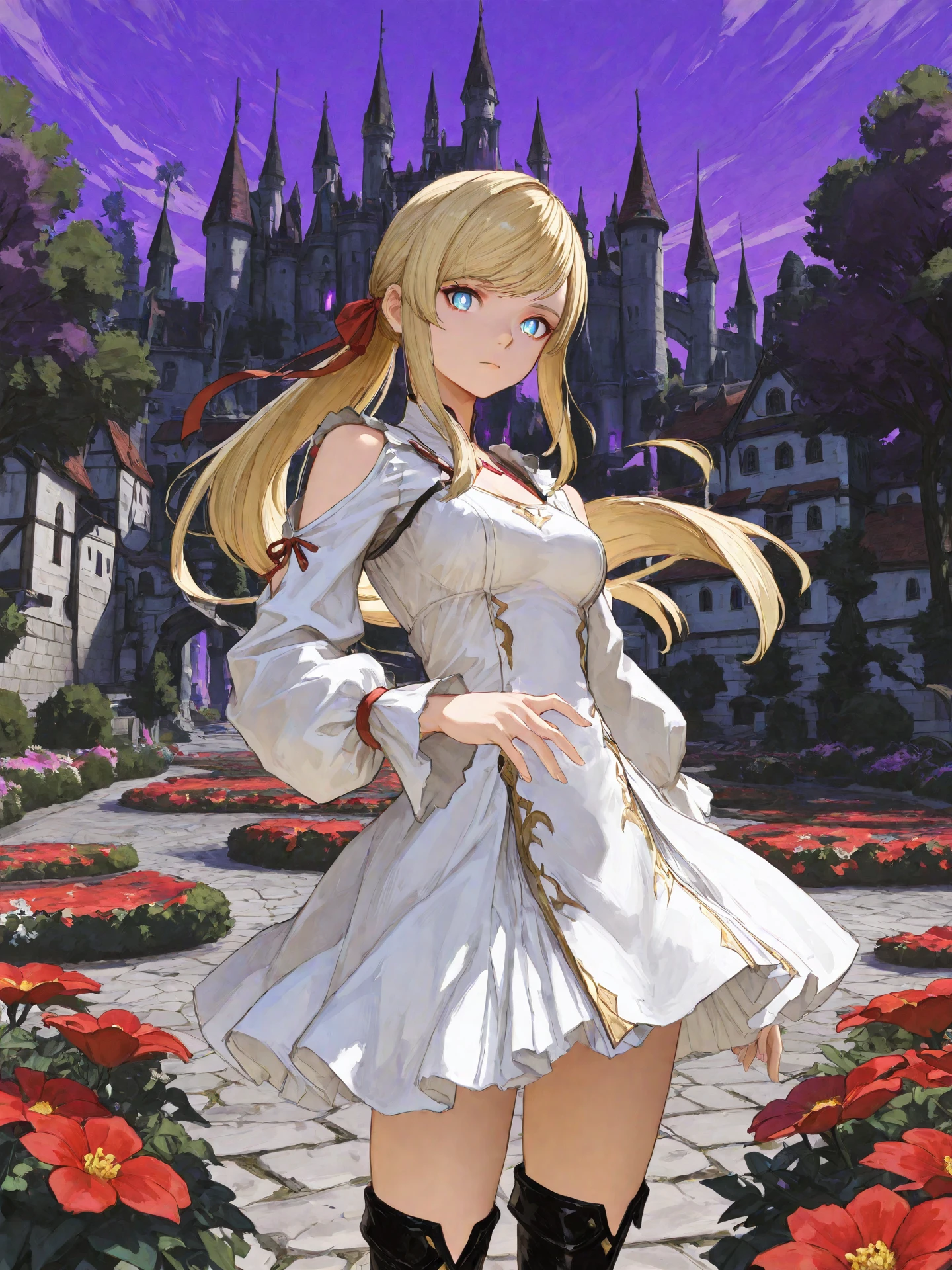 <lora:Minfilia_0R:0.7>, minfiliaffxiv, <lora:CC_Aesthetic_Masterpiece_1:1>
<lora:ST_Hidari_Atelier_0R:0.3>, hirdariatelier
blue eyes, bright pupils, glowing eyes, blonde hair, long hair, swept bangs, sidelocks, hair ribbon, red ribbon, medium breasts
white dress, shoulder cutout, long sleeves, white skirt, black thigh boots
masterpiece, best quality, amazing quality, very aesthetic, absurdres, highres, detailed background, anime style
1girl, (detailed eyes:1.2), (detailed face:1.2), detailed skin
looking at viewer, dynamic pose, expressionless
(outdoors, fantasy, town, castle, tree, bush, flower bed, purple sky)