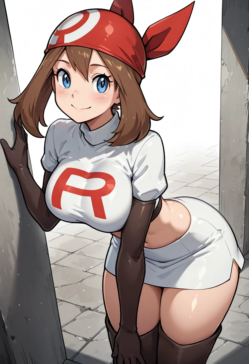 masterpiece, best quality, solo, curvy, beautiful eyes, zzMayRocket, blue eyes, brown hair, medium hair, ,red bandana, cropped jacket, short sleeves, black elbow gloves, logo, white skirt, thigh boots, <lora:MayTeamRocketPokemon_IXL:1.0>, , cowboy shot, leaning forward, smile, looking at viewer, shiny skin,