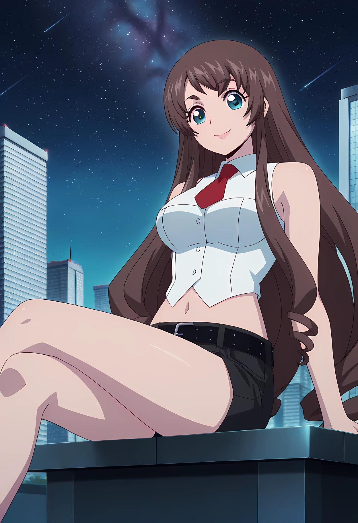 masterpiece,best quality,amazing quality,
1girl, solo,
Tomari Seto (Cardfight Vanguard), dark brown hair, aqua eyes, drill hair,
long hair, red necktie, white shirt, crop top, medium breasts, short shorts, navel, black shorts, midriff, belt, necktie, sleeveless shirt,
Smile, looking at viewer,
cinematic, crossing legs,
Outdoors, On top skyscraper, sci-fi city, star (sky),
Lens flare, bloom,
Official style, anime screencap, anime coloring,