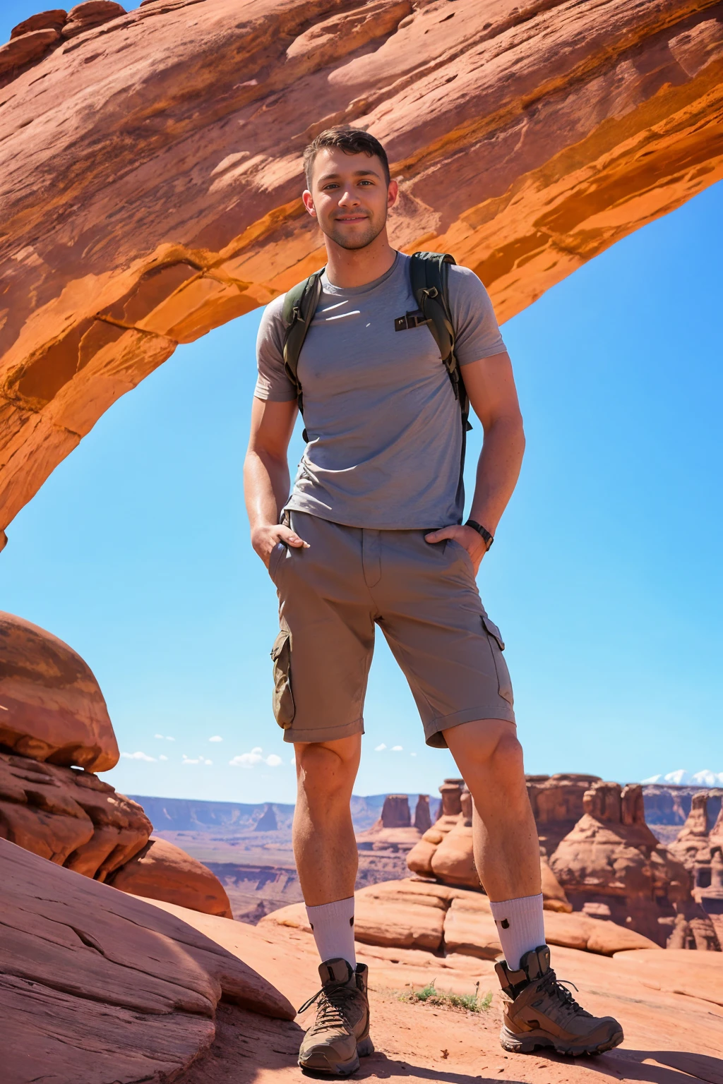 JustinTheJock is hiker, scruff, light colored shirt, khaki cargo shorts, socks, hiking boots, wearing backpack, smirking, Arches National Park, red sandstone arches, picturesque, (((full body portrait))), wide angle <lora:JustinTheJock:0.8>