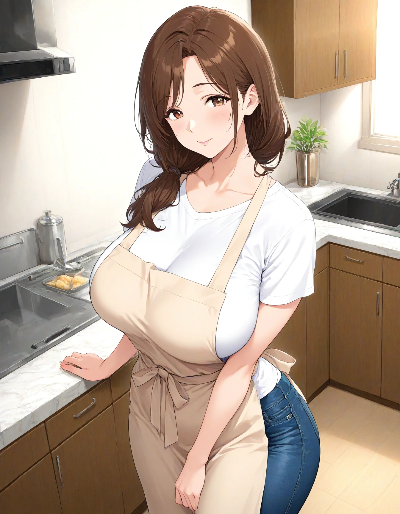 1girl, solo, mature female, general, standing, looking at viewer, kitchen, t-shirt, jeans, apron, masterpiece, highres, absurdres, detailed face, beautiful face, detailed eyes, beautiful eyes, newest, best quality, good quality, amazing quality, great quality, very aesthetic