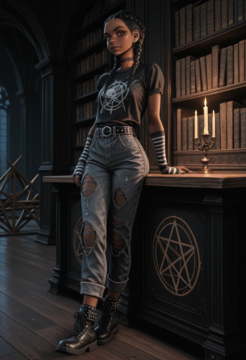 masterpiece, best quality, absurdres, highres, extremely high detail,
<lora:ILSOMHazel:1.0>
SOMHazel, 1girl, black hair, long hair, twin braids, brown eyes, dark skin, earrings, looking at viewer, dark theme, high waist ripped gray jeans, pentagram studded belt with chains, top, gothic ankle high boots, emo, striped gloves, ancient library, towering bookshelves, candles, massive dusty tomes, wooden rustic tables, leaning against a bookshelf, holding a book