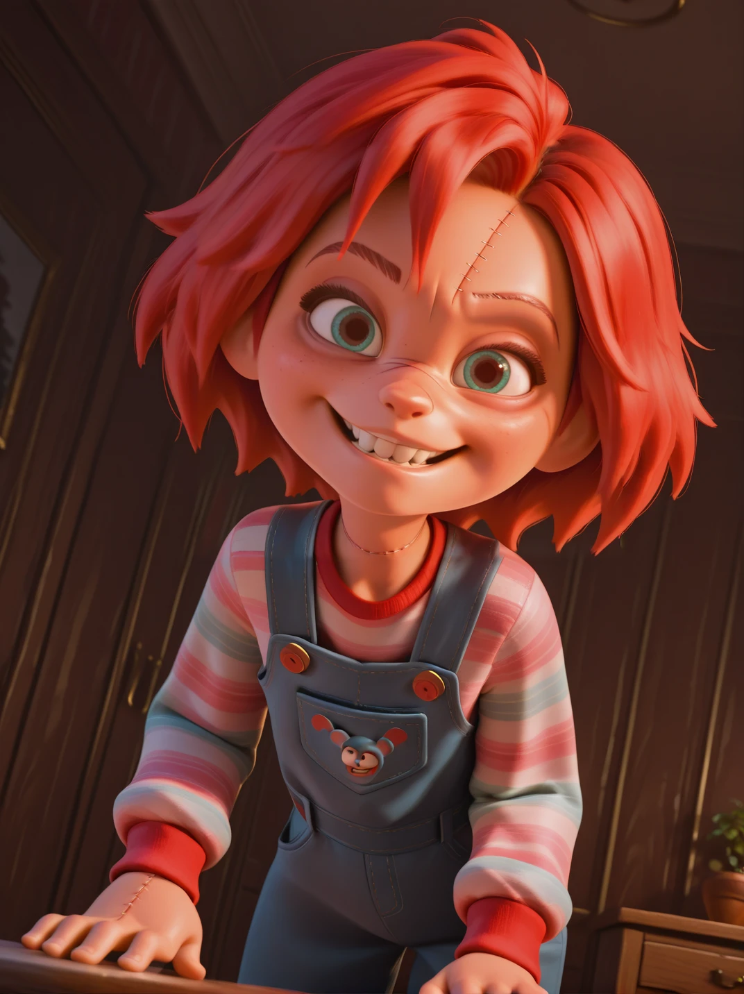highres, hi res, best quality, masterpiece,
1boy, (ChuckyXLP:1.1), red hair, striped shirt, overalls, scar on face, striped, stitches, striped sleeves,
evil smile, dutch angle, evil pose, looking at viewer, dark room, horror \(theme\), solo, dynamic pose, cowboy shot, head tilt, leaning forward, from side,
<lora:ChuckyXLP_character:0.75>,, <lora:DisneyStudios_style-12IL:1>, DisneyStudioXL,,, cartoon, cinematic,,3d,