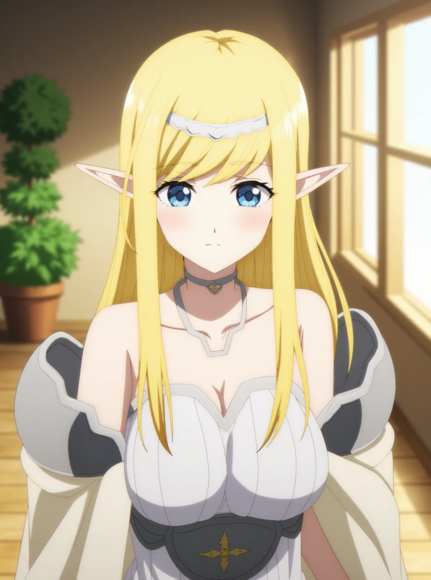 high resolution photo of a woman with long blonde hair and piercing blue eyes wearing, Pr13st1y_R0b3s, indoors