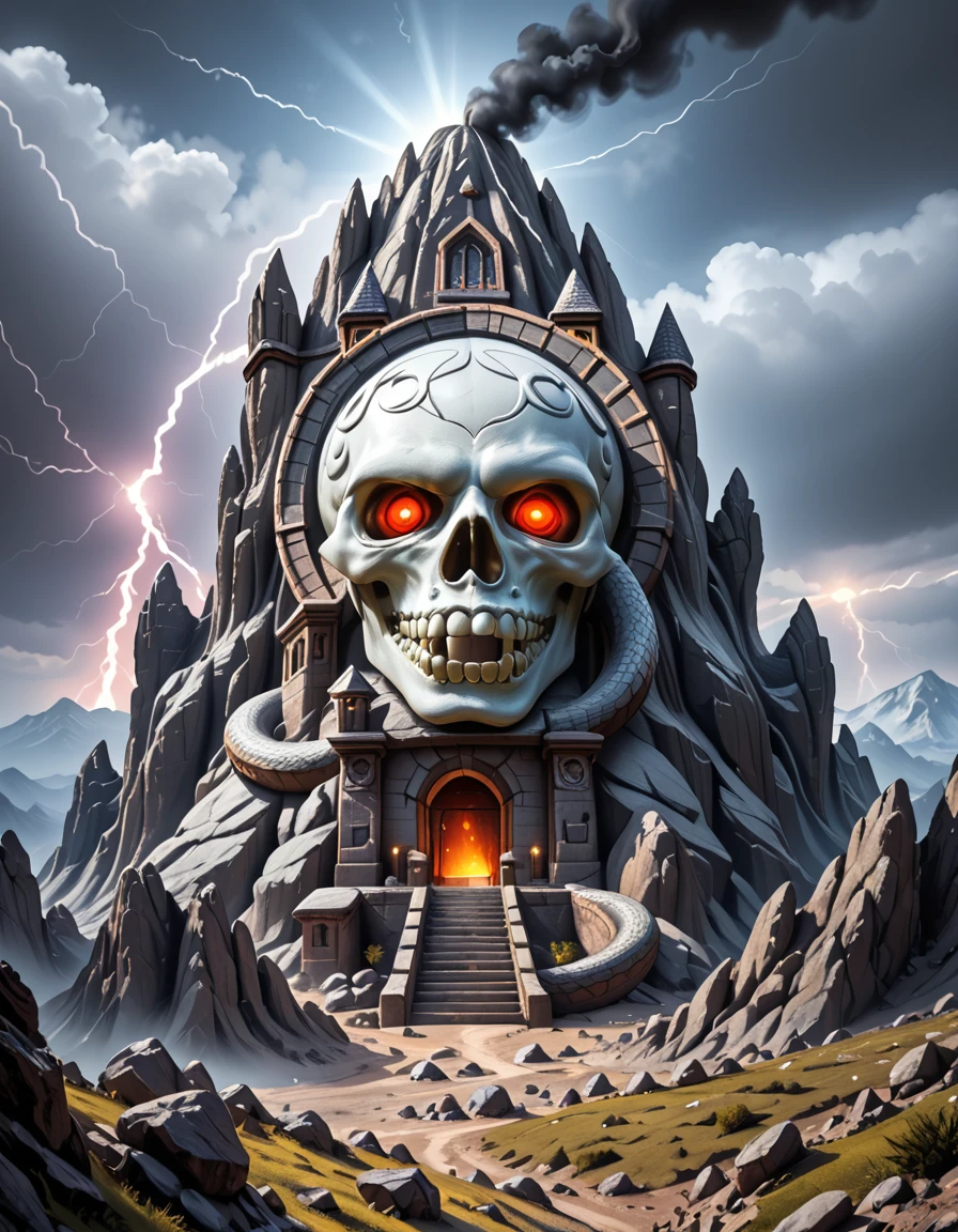 A dramatic, photorealistic view of Snake Mountain, the dark fortress of Skeletor, rising ominously from a barren, jagged landscape under a storm-filled sky. The mountain is twisted and grotesque, with serpent-like architecture coiling around its spires, and a massive demonic skull carved into the rock face serving as its entrance. Glowing red eyes peer from the skull's sockets, and dark smoke billows from vents in the stone. Thunder cracks in the distance, casting sharp flashes of light across the obsidian peaks and shadowed valleys below. The entire scene radiates menace, power, and ancient dark magic.Snake M0unt41n, <lora:Snake_M0unt41n-p:1>,score_9, score_8_up, score_7_up,amazing quality, ultra realistic, 3D, HD, best quality, amazing quality, very aesthetic, absurdres