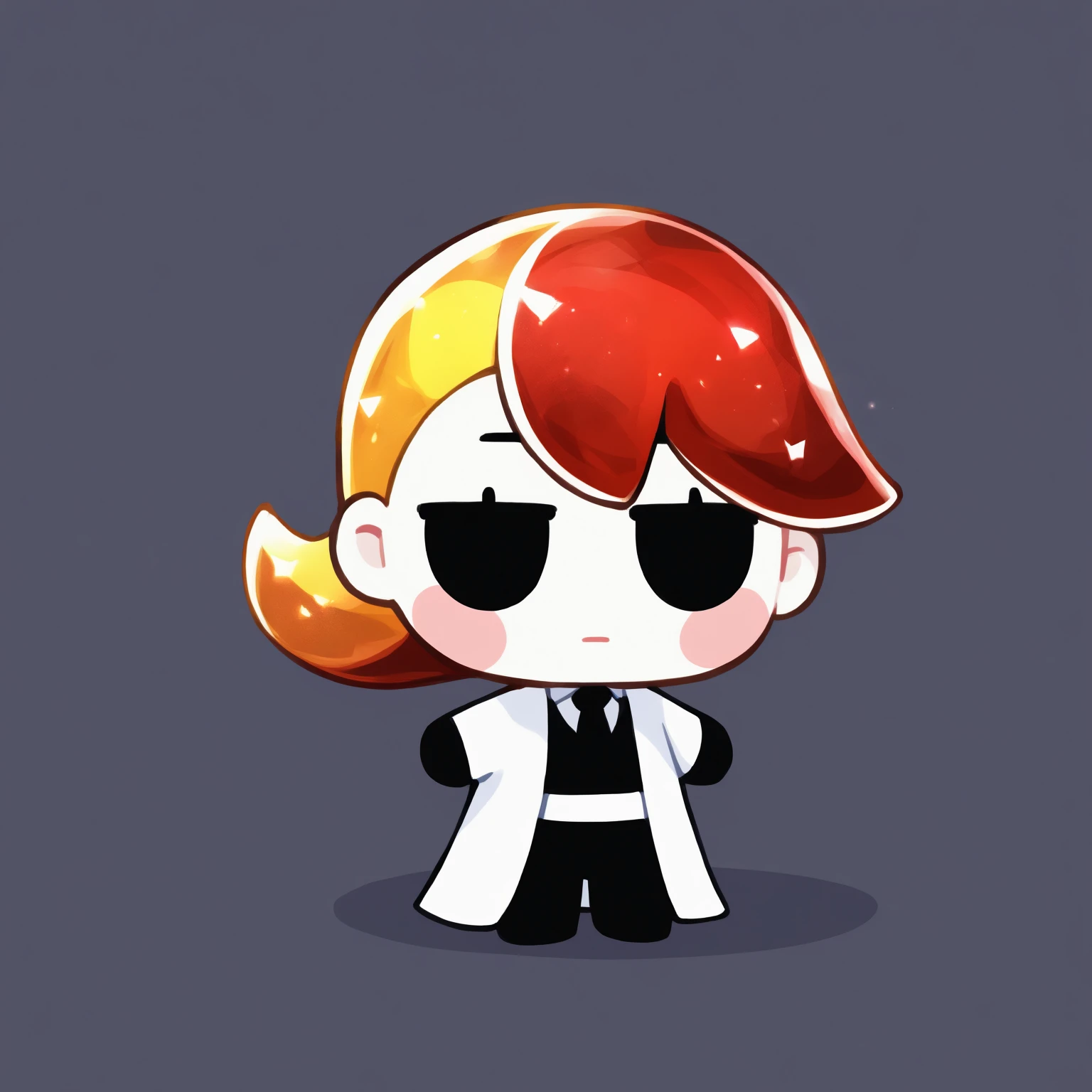 masterpiece, best quality, newest, chibi, full body, blush stickers, black eyes, solo, 1other, rut1le, white skin, expressionless, standing, crystal hair, colored eyelashes, multicolored hair, two-tone hair, yellow hair, red hair, short hair, jitome, white labcoat, black shirt, white collared shirt, black necktie, white belt, black pants, black footwear, black gloves, simple background
<segment:yolo-Anzhc Face seg 640 v3 y11n.pt,0.4,0.6//cid=11>