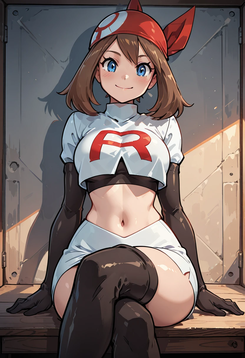 masterpiece, best quality, solo, curvy, beautiful eyes, zzMayRocket, blue eyes, brown hair, medium hair, ,red bandana, cropped jacket, short sleeves, black elbow gloves, logo, white skirt, thigh boots, <lora:MayTeamRocketPokemon_IXL:1.0>, sitting, crossed legs, upper body focus, smile, looking at viewer, shiny skin,