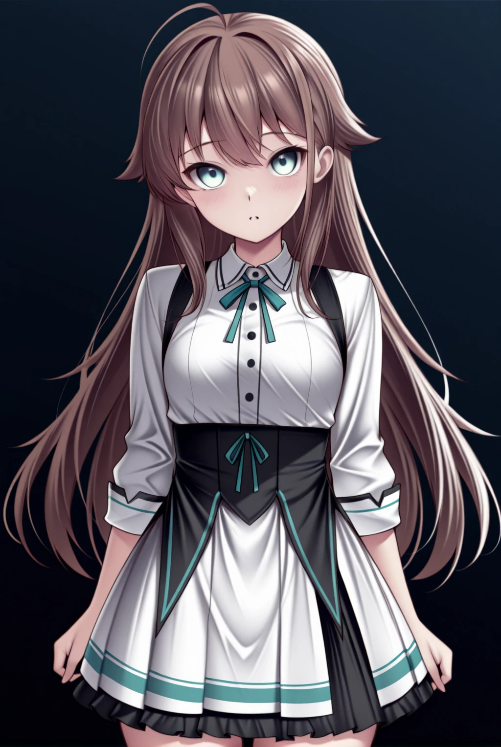 1girl,cowboy shot, <lora:KanaNebelWaitressReBornV1:.8>,kanascafeoutfit dress,Kashiwazakikana ,aqua eyes,dark,dynamic pose, <lora:Kashiwazakikana-OnlyCharV3-IXL:.7>,straight-on, long hair,hair flaps,brown hair,small breasts, ahoge