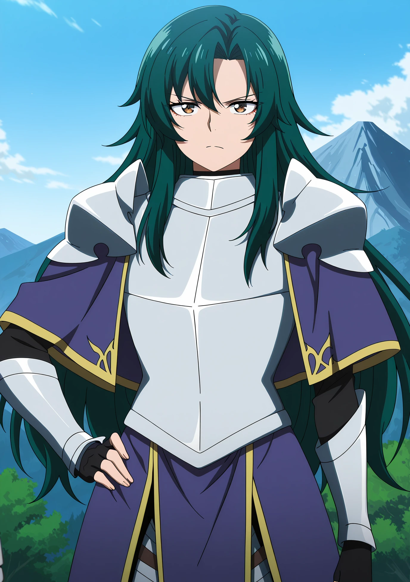 volumetric lighting, official style, amazing quality, ultra detailed, highres, detailed background,anime coloring, (anime screencap) masterpiece, detailed face,1girl <lora:Rose__:0.8>Rose, long hair, solo, armor, green hair, hand on hip, outdoors, brown eyes, day, sky, mountain,fingerless gloves, closed mouth