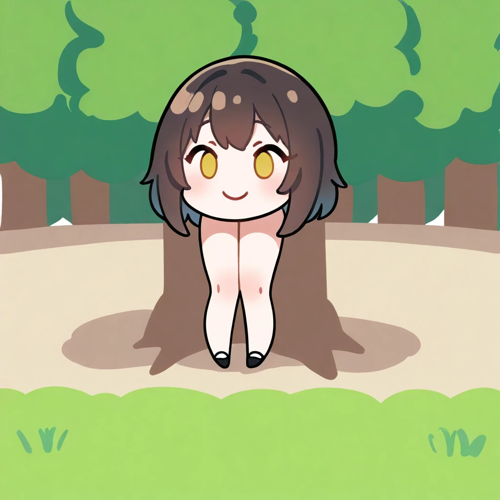 Long black hair,Beast Girl,Cat ears,Lori,Park in the Square,smile,9years,slender,Flat chest,first round,A crowd in the distance,NSFW,Naked,Double Peace Sign,blush,Squatting and spreading your legs wide