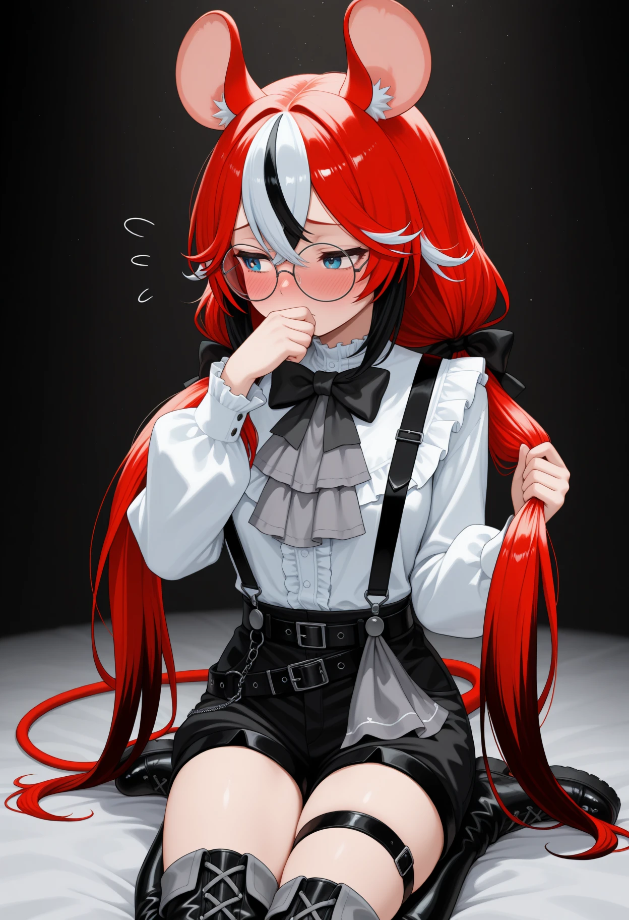 masterpiece, best quality, 1girl, solo, B4elzStlRs, blue eyes, multicolored hair, red hair, white hair, black hair, very long hair, low twintails, animal ears, hair bow, round eyewear, black bowtie, grey ascot, frilled shirt, white shirt, long sleeves, suspenders, black shorts, black belt, black thigh strap, uneven legwear, black boots, tail, tail ornament, holding own hair , hand over own mouth, shy, blush, embarrassed, averting eyes, <lora:ChamHakosBaelzNoob:1>