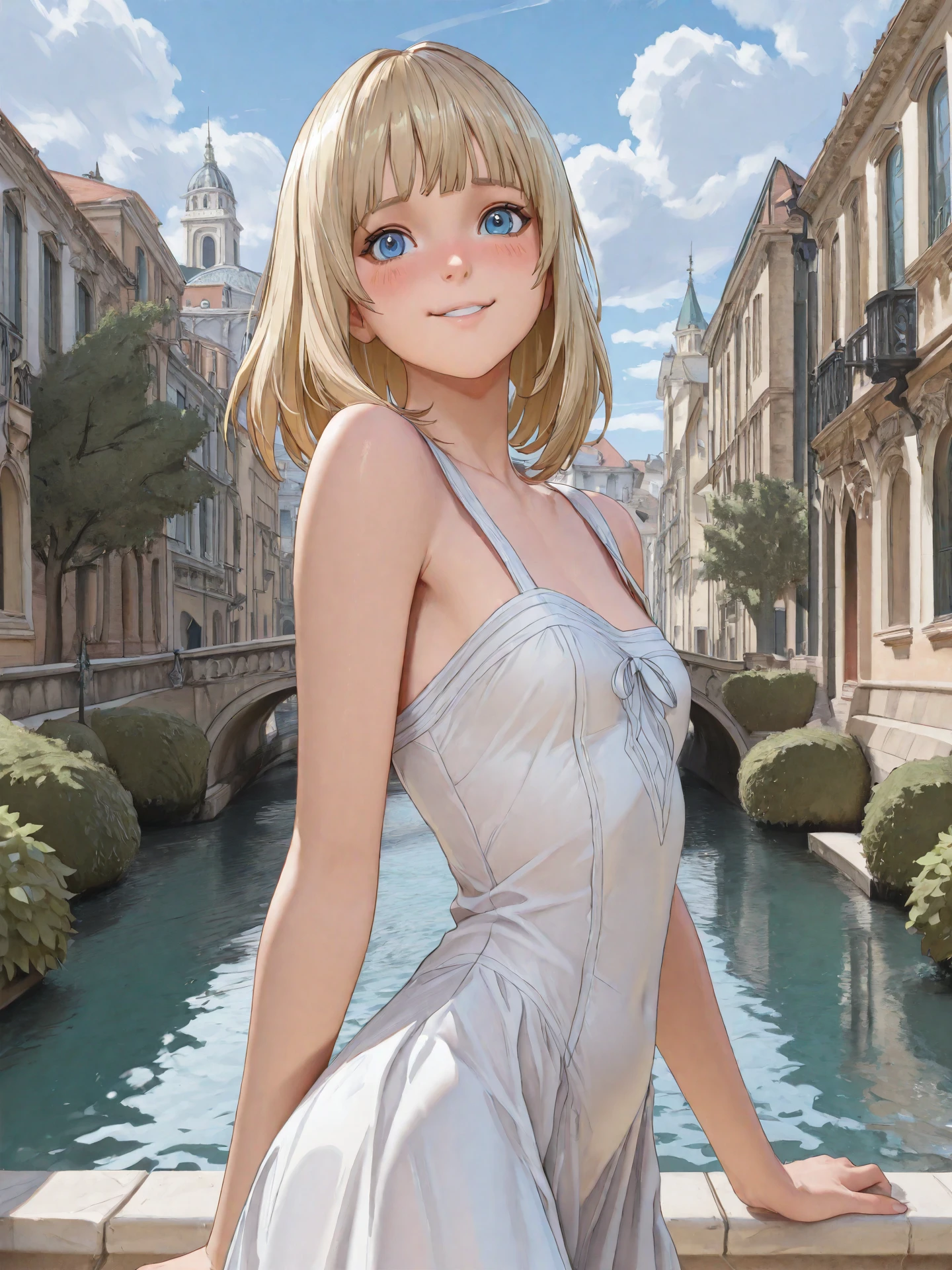 <lora:Lunafrena_L_0R:0.7>, <lora:CC_Aesthetic_Masterpiece_1:1>
<lora:ST_Sailor_Moon_0R:0.9>, bsssmstyle
lunafrena-l, blue eyes, blonde hair, medium hair, bangs, small breasts
white dress, sleeveless
masterpiece, best quality, amazing quality, very aesthetic, absurdres, highres, detailed background, anime style
1girl, (detailed eyes:1.2), (detailed face:1.2), detailed skin
facing viewer, looking at viewer, dynamic pose, blush, smile
(outdoors, fantasy, venice, italian architecture, town, canal, tree, bush)