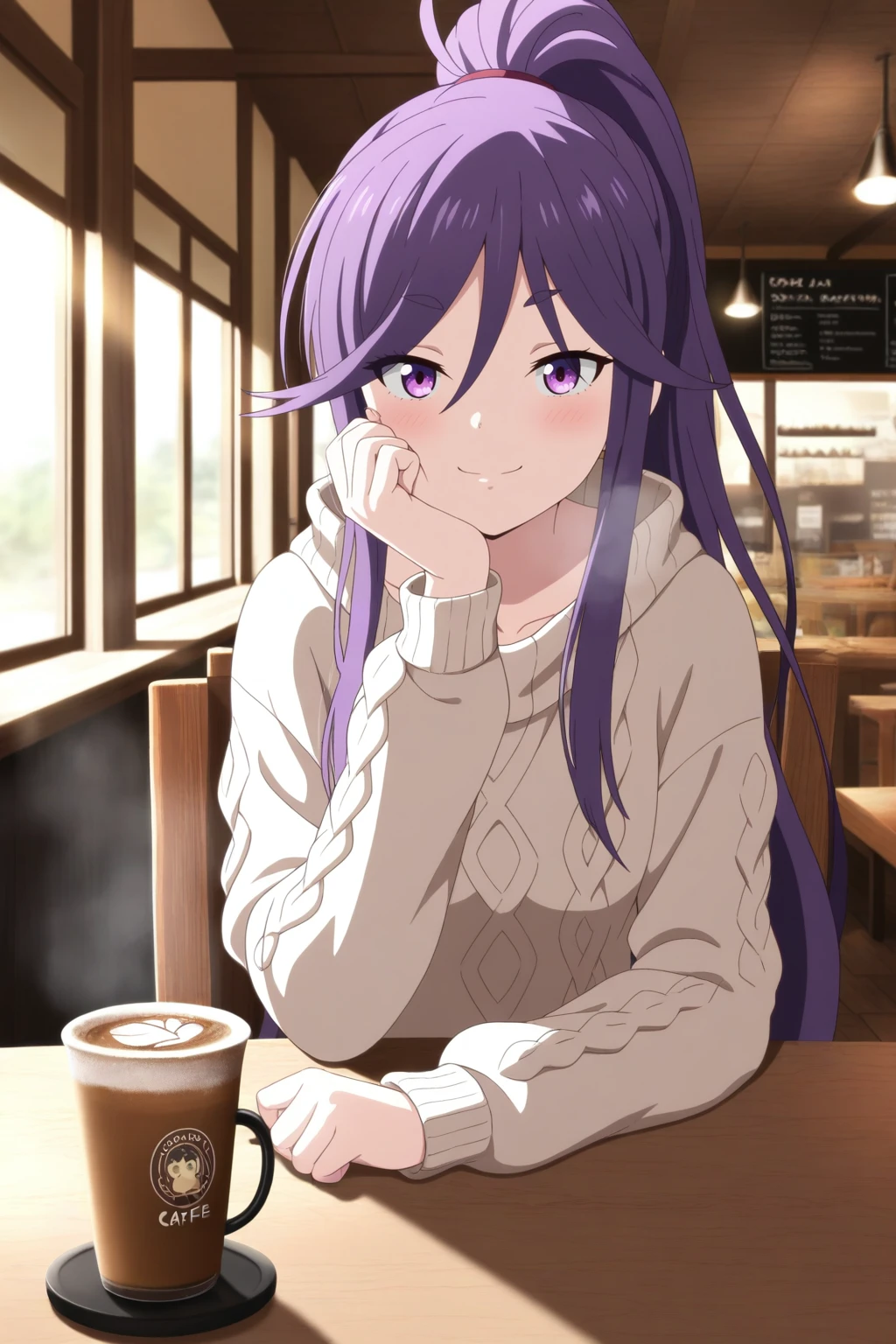 masterpiece, best quality, amazing quality, very aesthetic, absurdres, ultra detailed,
<lora:il_contrast_slider_d1 (Ð¦ÐÐÐ¢ ÐÐÐ Ð¢ÐÐÐÐ):-0.8>
 <lora:Koyomi Hasunuma:0.8> koyomi_hasunuma, 1girl,
masterpiece, best quality, score_9, score_8_up,score_7_up,BREAK,source_anime,break,rating_ex, pov,
small breasts,
First-person view of a girl sitting across from me at a coffee shop table, facing me, her face glowing with a soft smile, resting her chin on her hand, smiling softly, A girl in a loose beige pullover sweater, cozy knit with long sleeves, draped over her shoulder, straps of her underwear visible, a steaming cappuccino on her side, warm sunlight casting shadows across the wooden table, cozy cafe with intricate details, no body visible, looking at viewer