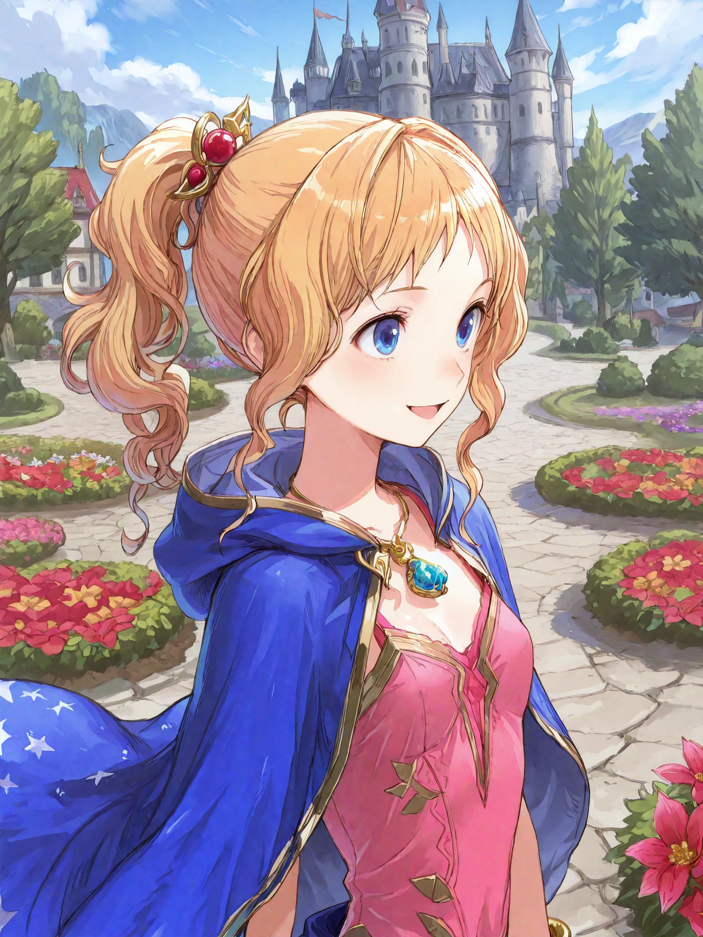 <lora:Kururu_Maia_Baldesion_0R:0.7>, kururuffv, <lora:CC_Aesthetic_Masterpiece_1:1>
<lora:ST_Kishida_Mel_Atelier_0R:0.9>, kishidamel
kururuffv, blonde hair, long hair, wavy hair, ponytail, blue eyes, hair ornament, jewelry, pendant, small breasts
pink tank top, star print, hood down, blue cloak, bracelet
masterpiece, best quality, amazing quality, very aesthetic, absurdres, highres, detailed background, anime style
1girl, (detailed eyes:1.2), (detailed face:1.2), detailed skin
facing viewer, looking at viewer, dynamic pose, smile, (open mouth:0.6), close-up
(outdoors, fantasy, town, castle, tree, bush, flower bed)
