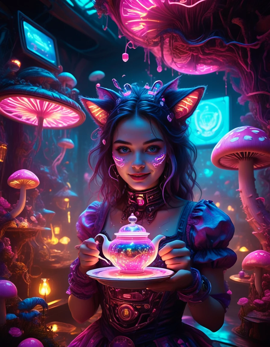in the style of <lora:AliceInWonderlandStyleV2_epoch_10:1> alicestyle,
alice plugged into a neural dreamscape, data flowing through a digital wonderland, floating LED mushrooms, cyber cheshire cat with glitching smile, neon tea set suspended in anti-gravity, in the style of aliceinwonderlandstyle, in the style of alicestyle <lora:AliceInWonderlandStyleV2_epoch_10:1> , <lora:cybepunk:1> cyberpunk <lora:Cyberpunk_Style:1>