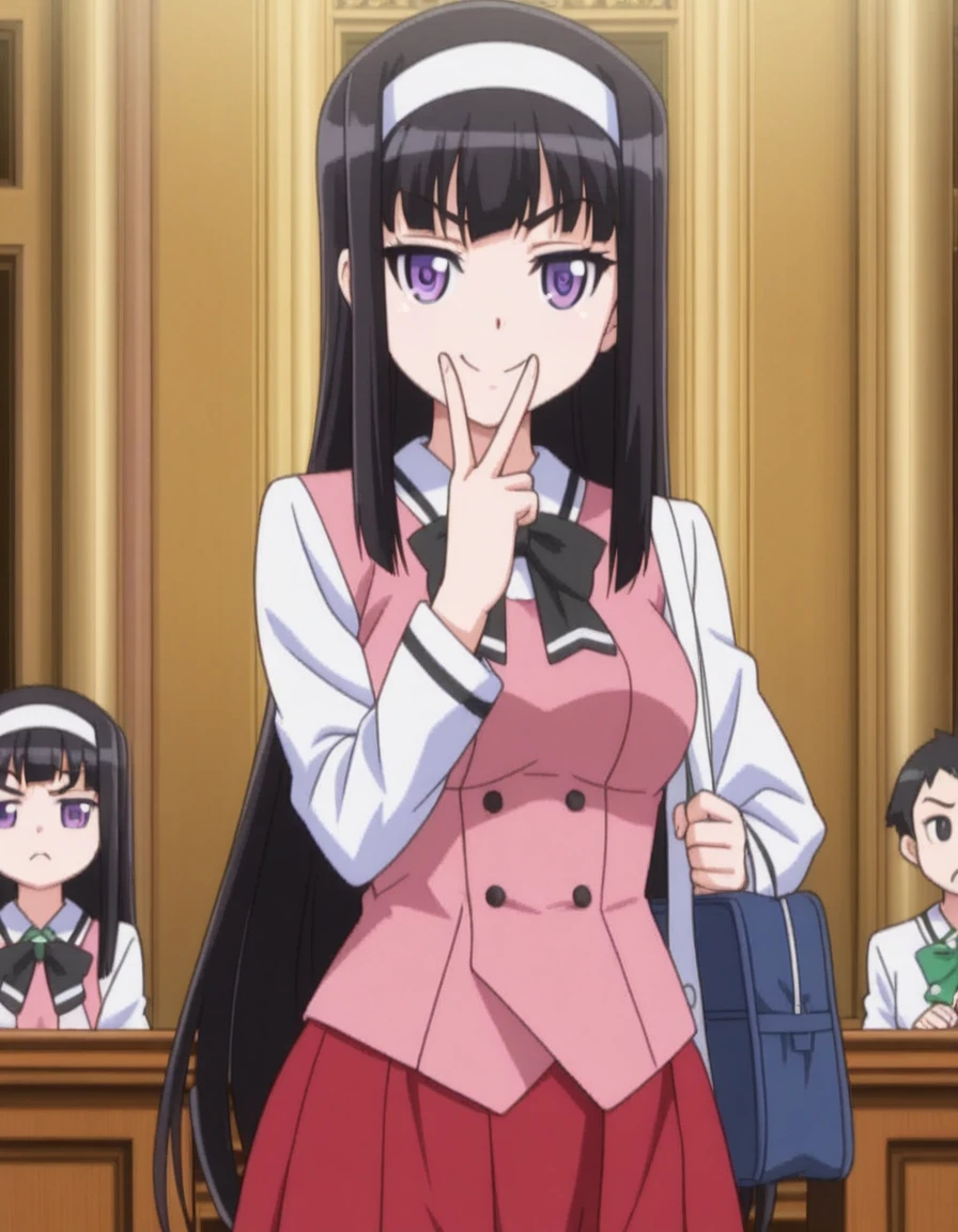 masterpiece, best quality, amazing quality,, <lora:midori-byakudan-ova-illustriousxl-lora-nochekaiser:1>, midori byakudan, long hair, black hair, purple eyes, mature female, medium breasts, anime screencap, skirt, bow, school uniform, hairband, bag, red skirt,, v, v over mouth, smug,, courtroom, judge, witness_stand, audience, formality, cowboy shot, solo, looking at viewer
