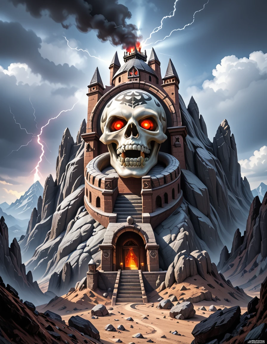 A dramatic, photorealistic view of Snake Mountain, the dark fortress of Skeletor, rising ominously from a barren, jagged landscape under a storm-filled sky. The mountain is twisted and grotesque, with serpent-like architecture coiling around its spires, and a massive demonic skull carved into the rock face serving as its entrance. Glowing red eyes peer from the skull's sockets, and dark smoke billows from vents in the stone. Thunder cracks in the distance, casting sharp flashes of light across the obsidian peaks and shadowed valleys below. The entire scene radiates menace, power, and ancient dark magic.Snake M0unt41n, <lora:Snake_M0unt41n-p:1>,score_9, score_8_up, score_7_up,amazing quality, ultra realistic, 3D, HD, best quality, amazing quality, very aesthetic, absurdres