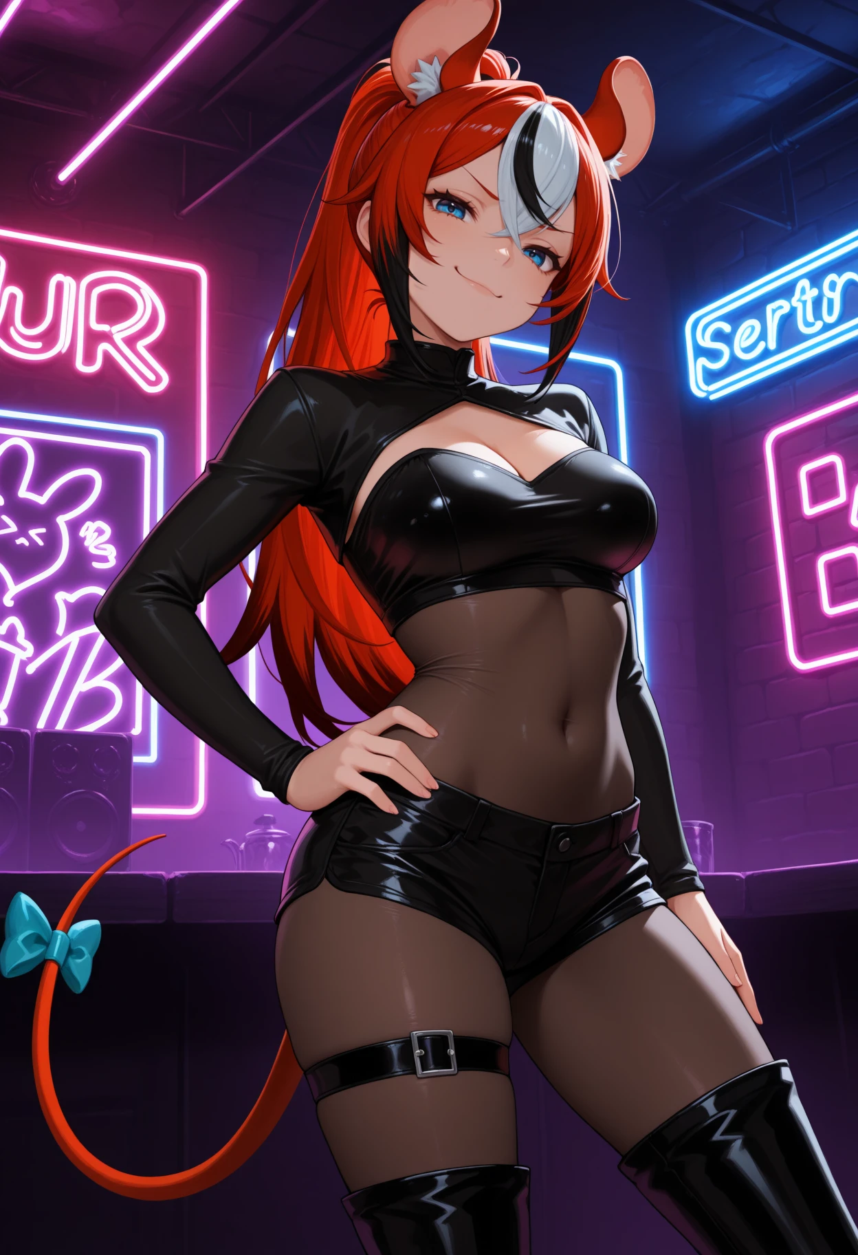 masterpiece, best quality, 1girl, solo, B4elzBlckbrry, blue eyes, multicolored hair, red hair, white hair, black hair, long hair, high ponytail, animal ears, black shrug \(clothing\), covered navel, bodystocking, cleavage cutout, short shorts, black shorts, thigh strap, thigh boots, tail, tail ornament, contrapposto, hand on hip, hip focus, looking at viewer, smile, smug, indoors, club, neon lights, <lora:ChamHakosBaelzNoob:1>