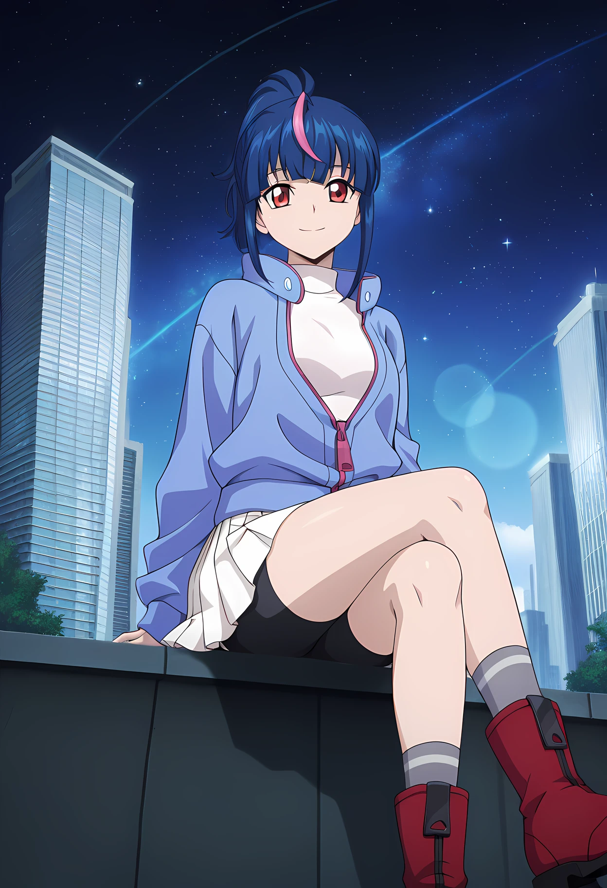 masterpiece,best quality,amazing quality,

1girl, solo,

Hikari Myodo (Cardfight Vanguard), ponytail, multicolored hair, blue hair, streaked hair, pink hair, red eyes,

white shirt, blue jacket, zipper pull tab, turtleneck, long sleeves,  bike shorts under skirt, white skirt, black shorts, pleated skirt, grey socks, red footwear, boots,

Smile, looking at viewer, 

cinematic, cross legs, upper body, 

Outdoors, On top skyscraper, sci-fi city, star (sky), 

Lens flare, bloom,

Official style, anime screencap, anime coloring,
















