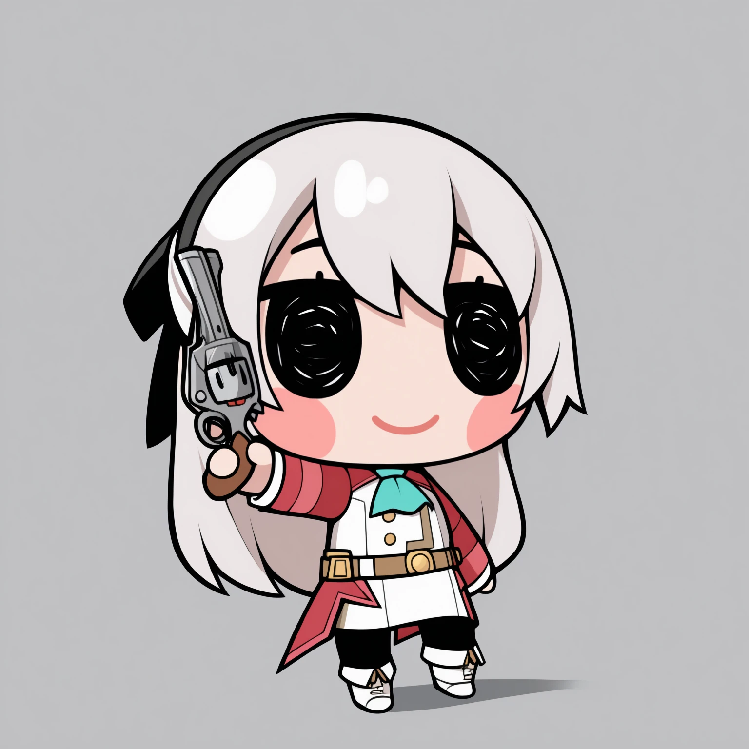 masterpiece, best quality, newest, chibi, full body, blush stickers, black eyes, solo, 1girl, zrelie, smile, standing, holding gun, revolver, grey hair, long hair, half updo, black hairband, hair ribbon, white and red uniform, white dress, aqua ascot, brown belt, black pantyhose, white boots, simple background
<segment:yolo-Anzhc Face seg 640 v3 y11n.pt,0.4,0.6//cid=11>