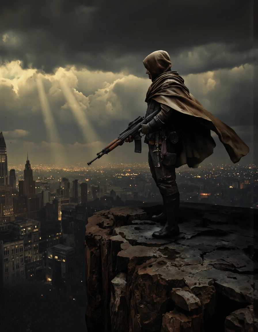 Art by Brooke Shaden & Piotr JabÃ
ÂoÃ
Âski. A dramatic digital illustration shoot from the side about a lone figure in a hooded cloak stands on a rocky ledge, holding a rifle, facing a distant cityscape with a stormy sky and dramatic clouds. the image also shows dramatic lighting effects. on the middle of the image, a man, who appears to be in his mid-twenties, stands with his full body visible, wearing a dark cloak and holding a large rifle. he is facing away from the viewer, with a determined expression on his face. the man is standing on the edge of a cliff, with his back to the viewer. in the background, a cityscape is visible, with tall buildings and a cloudy sky, illuminated by dramatic light beams. the overall mood is dark and moody, with dramatic clouds and a sense of foreboding.