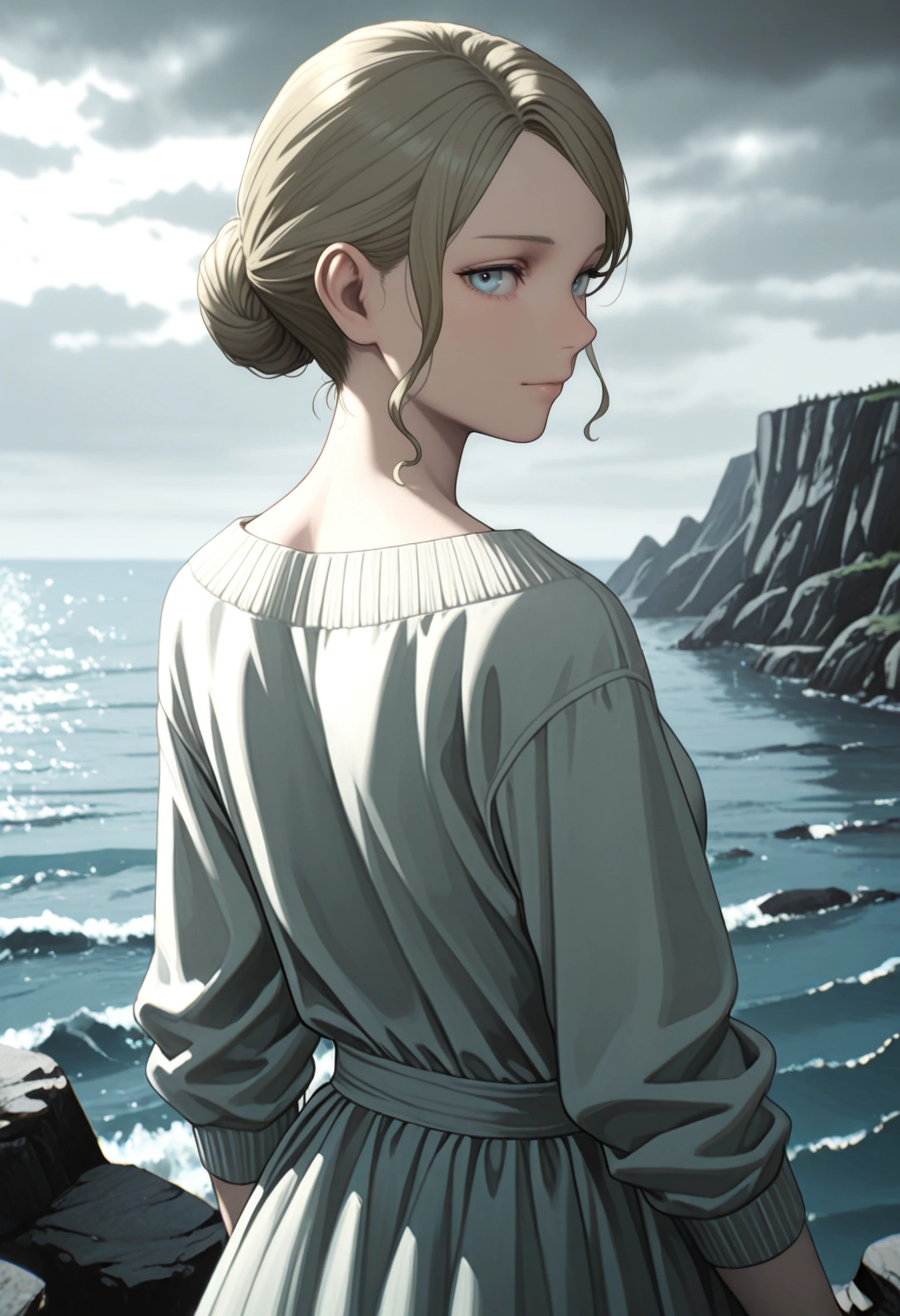 masterpiece, best quality, absurdres, highres, extremely high detail,
<lora:ILTEW2Myra:1.0>
TEW2Myra, 1girl, blonde hair, blue eyes, hair bun, looking at viewer, portrait from behind, ocean cliff background, flowing dress, windswept hair, soft overcast light, serene mood