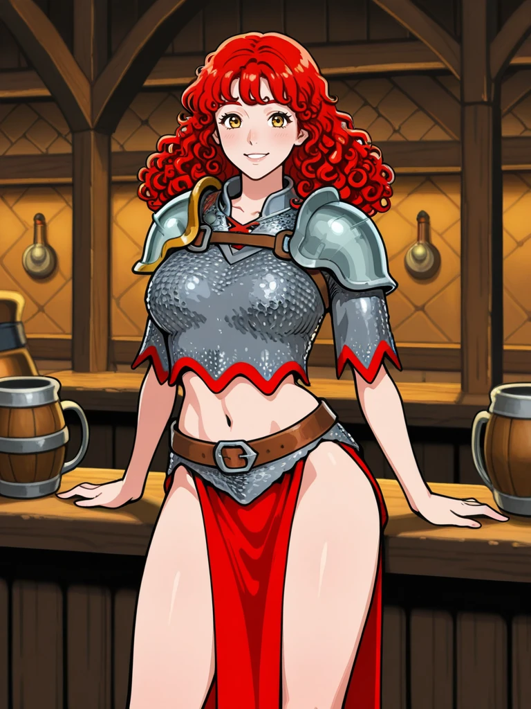 <lora:Tika_Waylan__Dragonlance:0.7>
1girl, solo tavern, bar, looking at viewer, smile, friendly
tika, red hair, curly hair, pelvic curtain, chainmail, midriff, shoulder armor,
