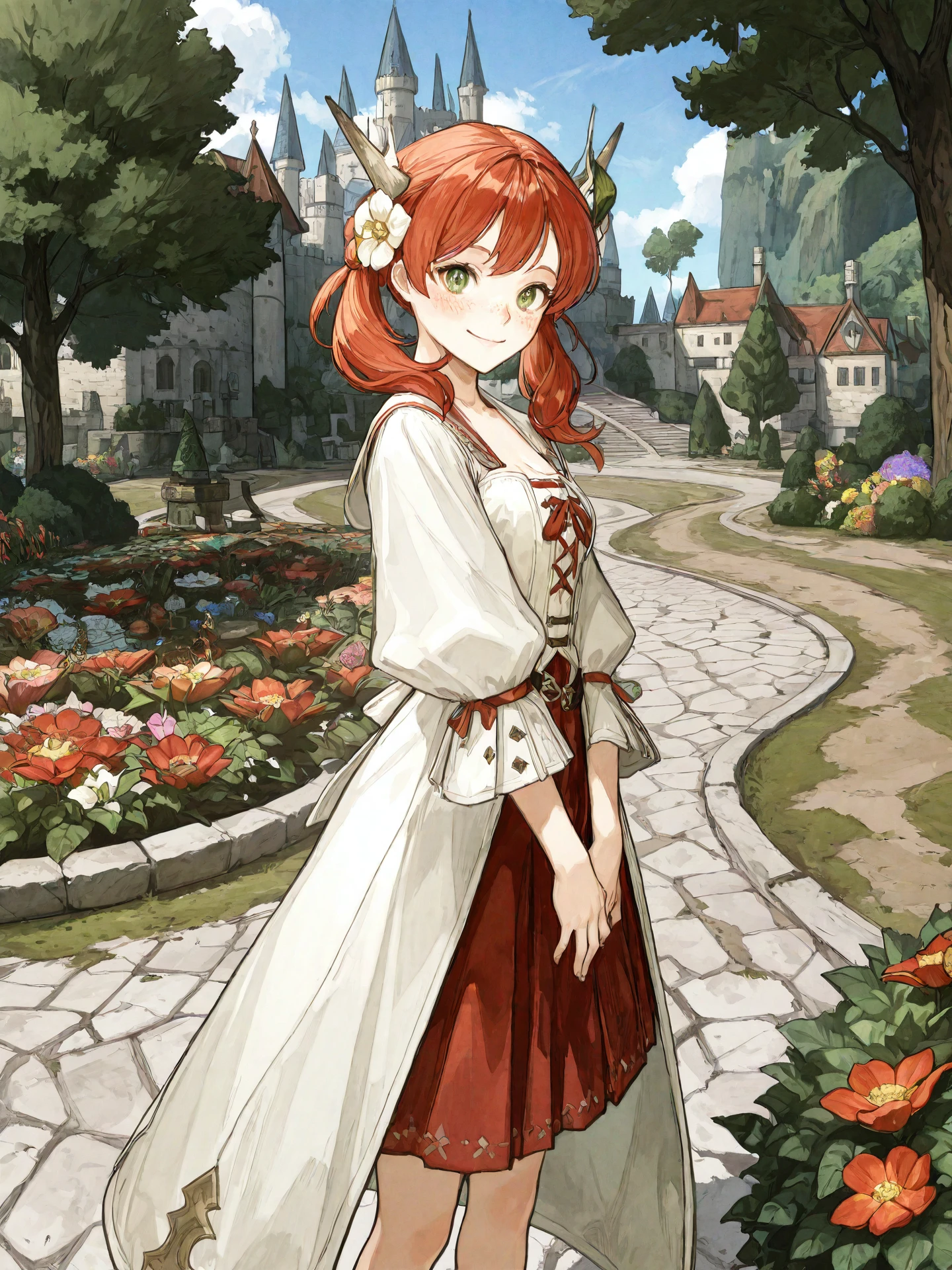 <lora:Raya-O-Senna_0R:0.5>, rayaosenna, <lora:CC_Aesthetic_Masterpiece_1:1>
<lora:ST_Hidari_Atelier_0R:0.9>, hirdariatelier
green eyes, red hair, twintails, horns, hair flower, freckles
white dress, long coat, red skirt
masterpiece, best quality, amazing quality, very aesthetic, absurdres, highres, detailed background, anime style
1girl, (detailed eyes:1.2), (detailed face:1.2), detailed skin
facing viewer, looking at viewer, dynamic pose, blush, smile
(outdoors, fantasy, town, castle, tree, bush, flower bed)