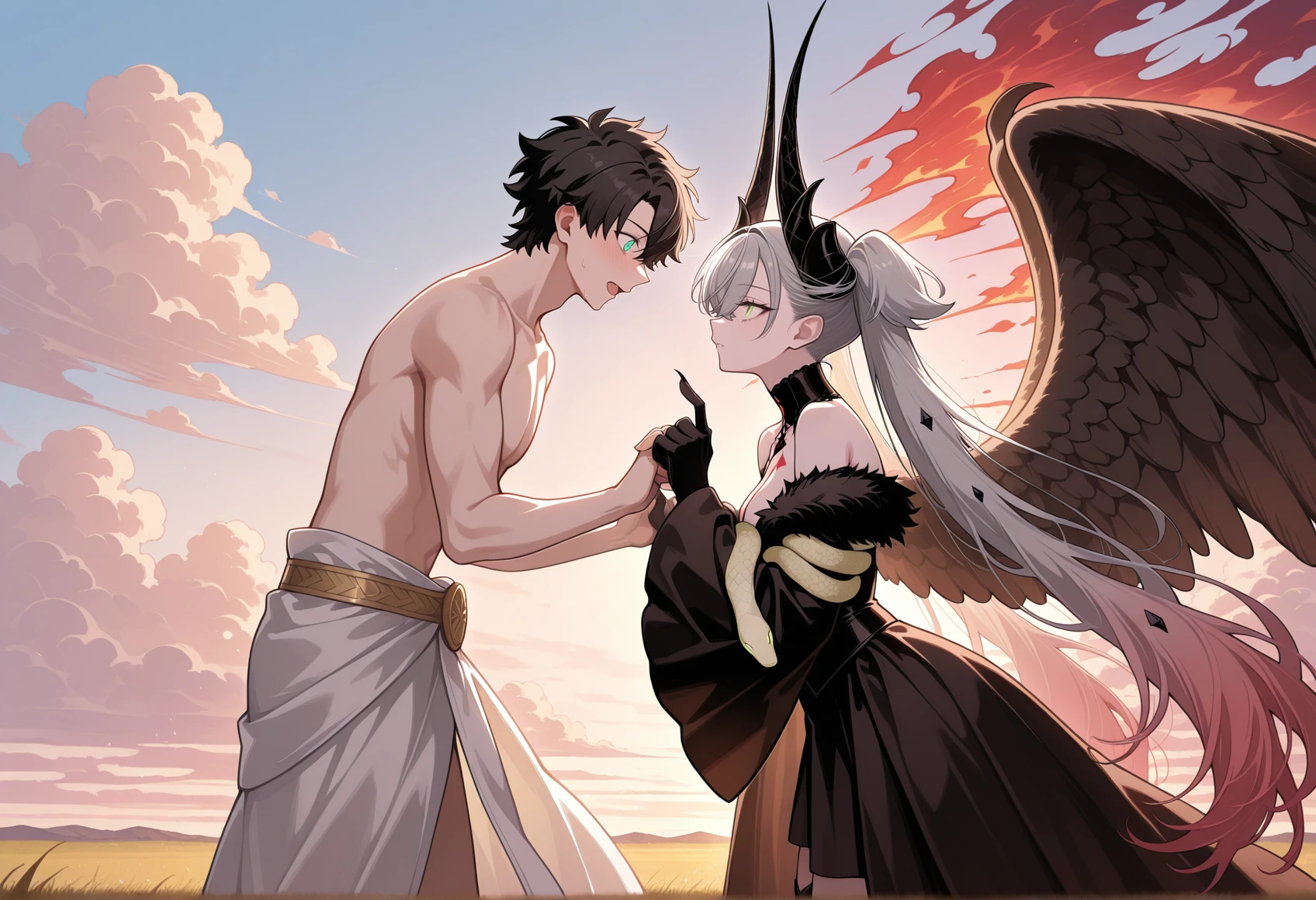 1boy, 1girl, the creation of adam, pointing at another, reaching towards another, blue sky, heaven clouds, 1boy, fujimaru ritsuka \(male\), from side, topless, ancient greek clothes, touching fingers,
BREAK
1boy, 1girl, the creation of adam, pointing at another, reaching towards another, red sky, hell, fire monster girl, grey hair, green eyes,twintails, slit pupils, large horns, angel wings, claws, detached sleeves, fur trim, snake, bed robe, detached sleeves, animal legs, from side, touching fingers <lora:Lilith_illus:1>, masterpiece, best quality, amazing quality, very aesthetic, absurdres, highres, newest
