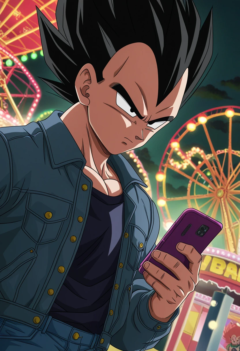 anime coloring, 1boy, vegeta, dragon ball, looking at cell phone, upper body, annoyed, amusement park, jacket, tshirt, jeans, dramatic lighting, dynamic angle, absurdres, anime screenshot, depth