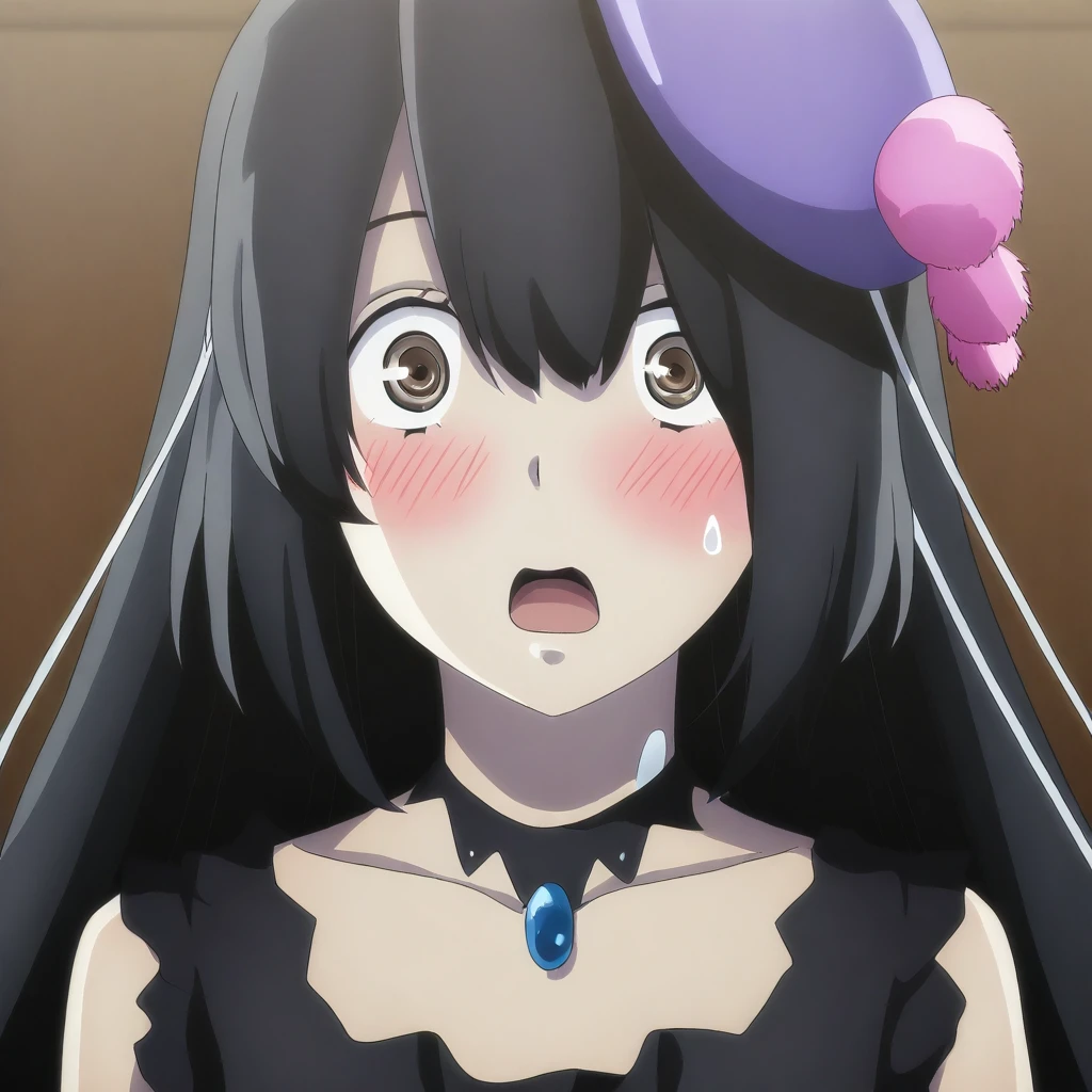 solo, high quality, absurdres, portrait, ophelia_vfe, brown eyes, black hair, very long hair, purple beret, neck light, black dress, surprised, looking at viewer, attracted to viewer, blush, studio background, simple background