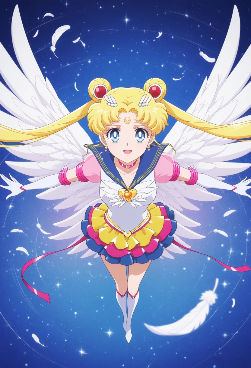 1girl,solo,<lora:eternal_sailor_moon.v3:1>,tsukino usagi,sailor moon,magical girl,blue eyes,sailor senshi uniform,twintails,sailor collar,jewelry,hair bun,crescent facial mark,forehead mark,choker,hair ornament,brooch,earrings,elbow gloves,layered skirt,multicolored skirt,star \(symbol\),see-through sleeves,puffy short sleeves,ribbon,knee boots,wings,
from_above,falling feathers,open mouth,smile,full body,spread arms,looking at viewer,
masterpiece,best quality,amazing quality,