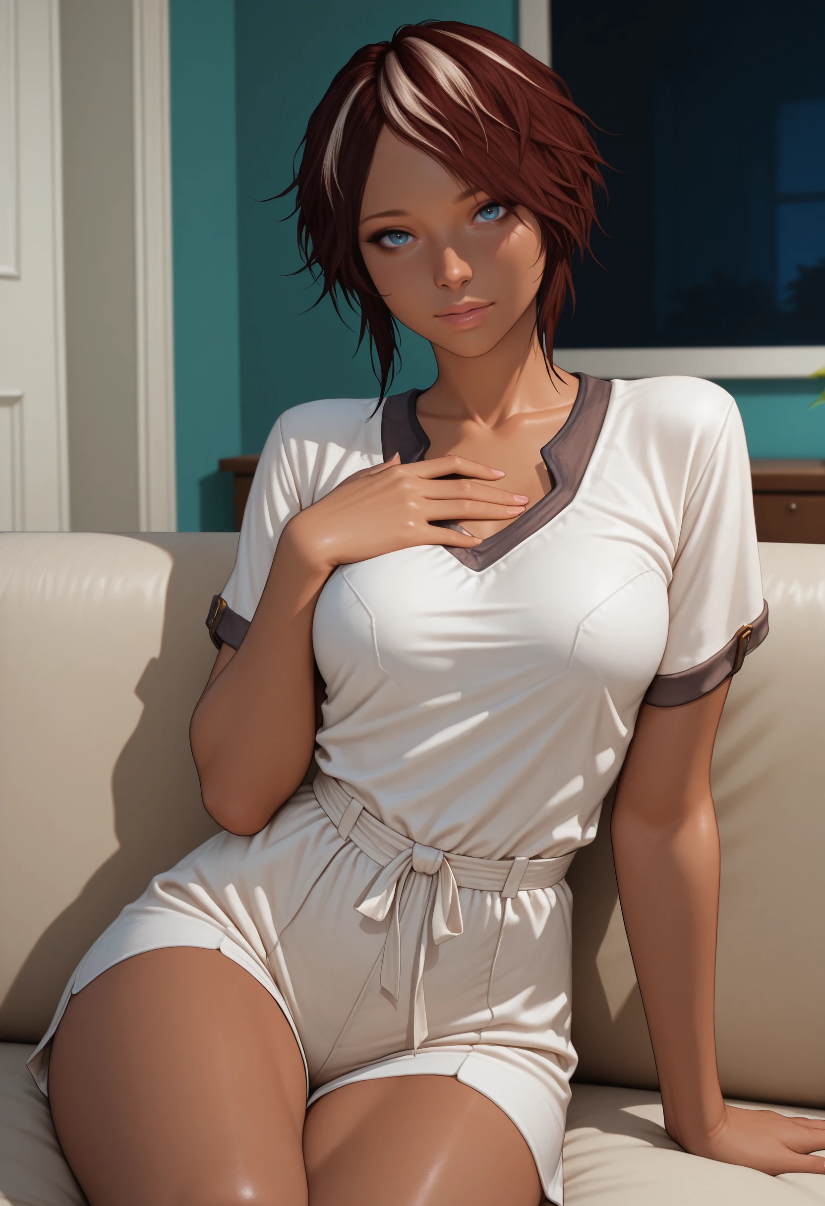 masterpiece, very aesthetic, best quality, absurdres, newest,
<lora:ILRMNilin:1.0>
RMNilin, 1girl, brown hair, white streaks, dark skin, blue eyes, looking at viewer, sitting, on couch, hand on own chest, indoors, living room
