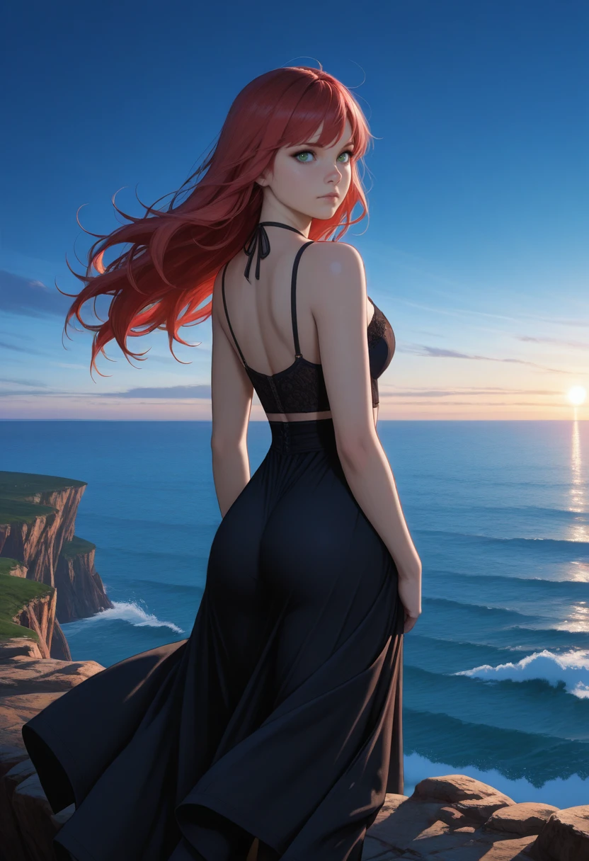 masterpiece, very aesthetic, best quality, absurdres, newest,
<lora:ILUDAshley:1.0>
UDAshley, 1girl, closed mouth, red hair, green eyes, long hair, looking at viewer, rear view of standing on cliff edge, wide ocean view, hair blowing in wind, dramatic atmosphere, cinematic lighting