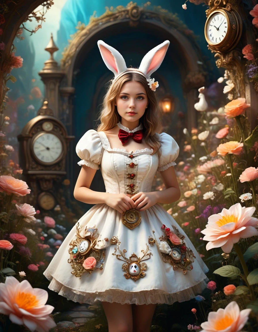 in the style of <lora:AliceInWonderlandStyleV2_epoch_10:1> alicestyle,
1girl, fantasy dress, oversized pocket watch, white rabbit companion, clockwork background, dreamy expression, glowing flowers, tilt-shift perspective
, in the style of <lora:AliceInWonderlandStyleV2_epoch_10:1> alicestyle