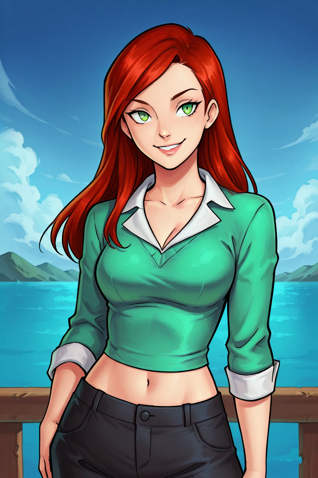 HDA_MasterpieceXL_v1.2, (masterpiece:1.2), (best quality:1.2), (ultra-detailed:1.2), (anime style:1.2), (sharp lines:1.1), (vibrant colors:1.1), <lora:Jenny_Harem_Heroes:1> JennyHH, long red hair, green eyes, sexy smile, dynamic angle