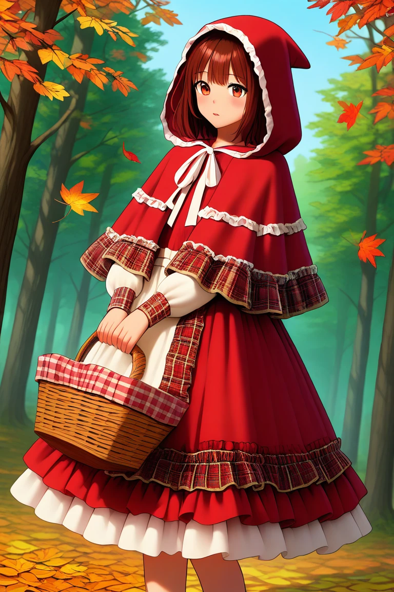 forest, autumn_forest, falling_leaves, glowing_light, storybook_style, watercolor_(style), painterly
,1girl,<lora:Red_hood_layered_dress:1>,,Red_hood_layered_dress,dress,red dress,long sleeves,frills,frilled dress,hood,red hood,capelet,red capelet,layered dress,holding basket, basket, masterpiece, best quality, amazing quality, newest