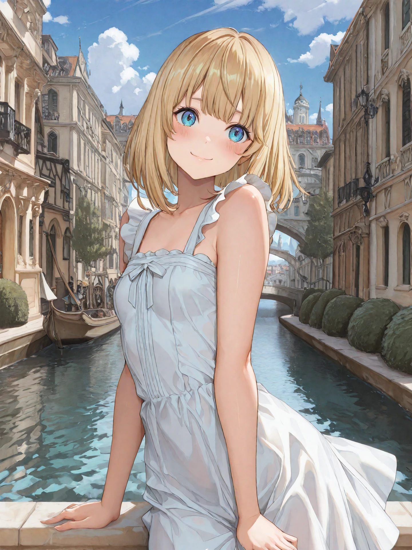 <lora:Lunafrena_L_0R:0.7>, <lora:CC_Aesthetic_Masterpiece_1:1>
<lora:ST_Yahiro_Pochi_0R:0.9>, yahiropochi
lunafrena-l, blue eyes, blonde hair, medium hair, bangs, small breasts
white dress, sleeveless
masterpiece, best quality, amazing quality, very aesthetic, absurdres, highres, detailed background, anime style
1girl, (detailed eyes:1.2), (detailed face:1.2), detailed skin
facing viewer, looking at viewer, dynamic pose, blush, smile
(outdoors, fantasy, venice, italian architecture, town, canal, tree, bush)