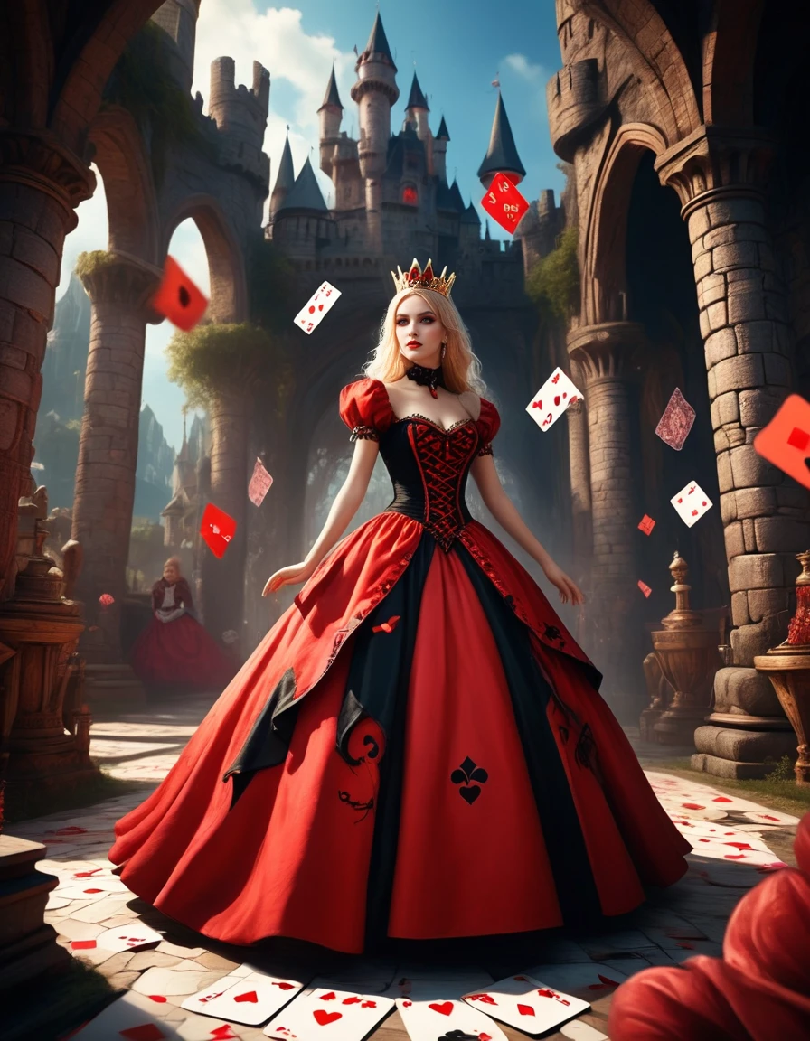 in the style of <lora:AliceInWonderlandStyleV2_epoch_10:1> alicestyle, 
anime, 1girl, queen of hearts, dramatic red and black gown, gothic castle, floating playing cards, intense expression, dynamic angle, magical atmosphere
 , in the style of  <lora:AliceInWonderlandStyleV2_epoch_10:1> alicestyle