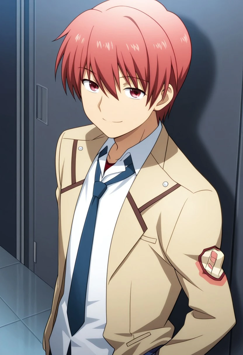 masterpiece,best quality,amazing quality, source_anime,
YuzuruOtonashi, 1boy, male focus, solo, red eyes, red hair, shinda sekai sensen uniform, shirt, white shirt, collared shirt, necktie, blue necktie, jacket, brown jacket, open jacket, smile