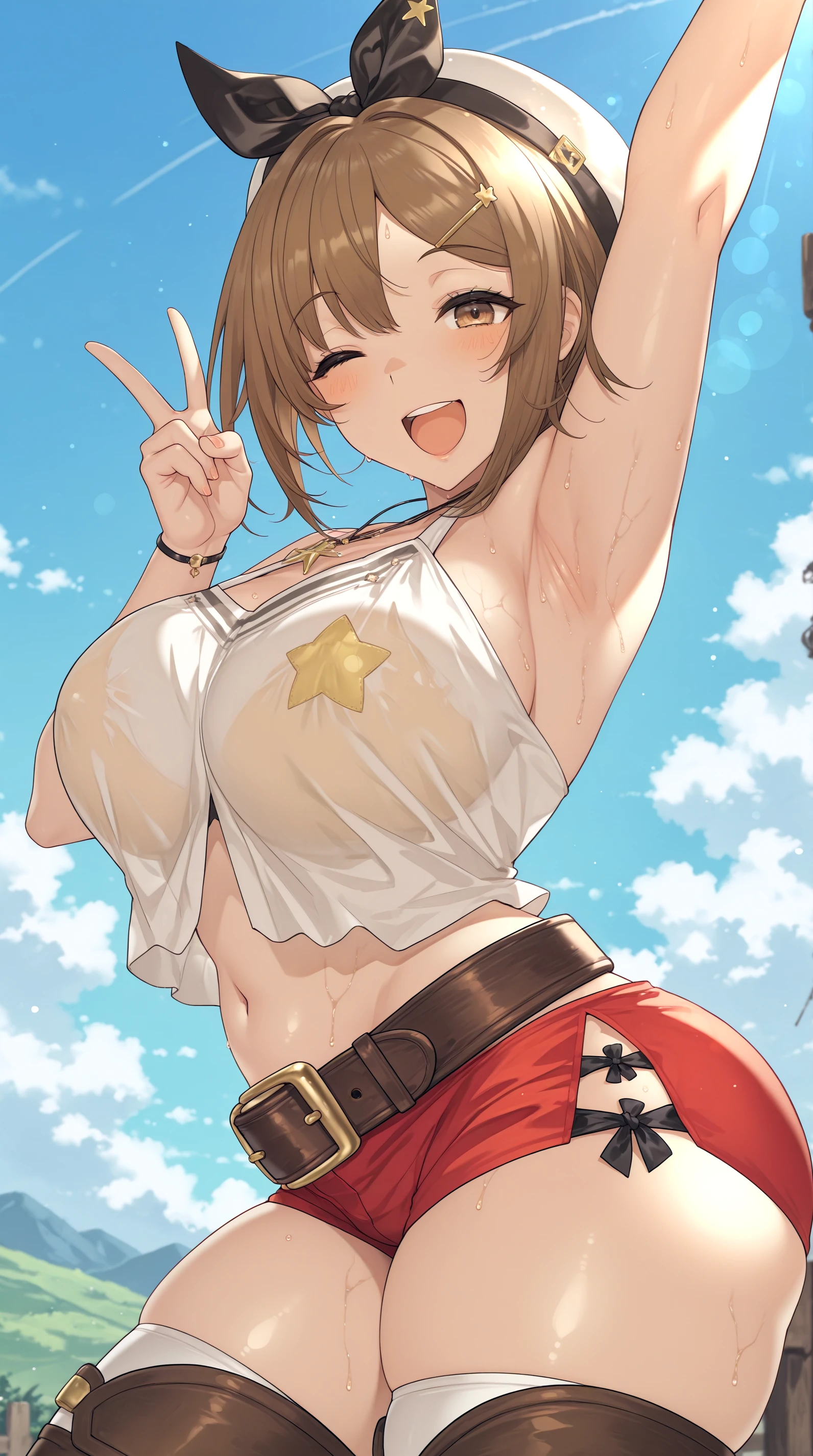 Highest quality,8K,High definition,Masterpiece,Cute like a little sister,Brown Hair,With bangs,Excited face,navel,Small breasts,navel,Checked mini skirt,hot spring