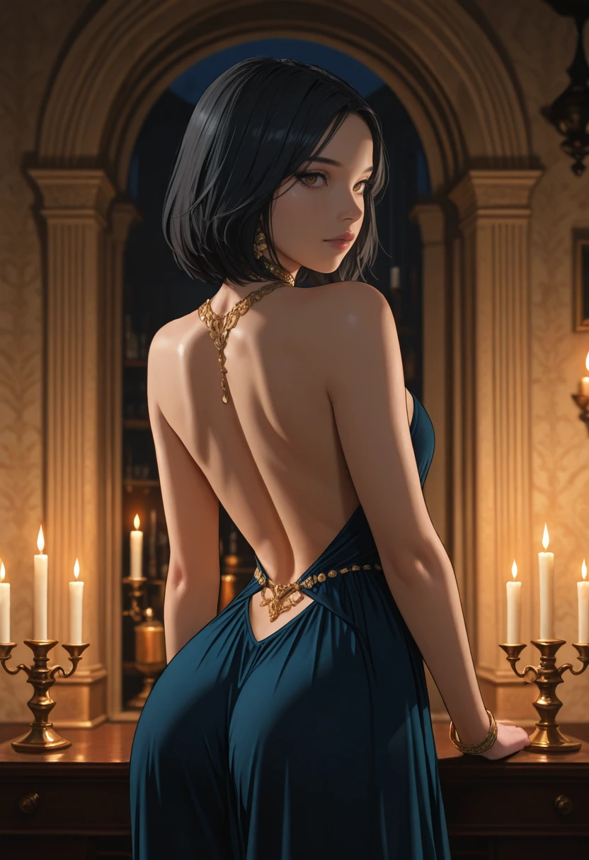 masterpiece, very aesthetic, best quality, absurdres, newest,
<lora:ILUDEmily:1.0>
UDEmily, 1girl, black hair, brown eyes, short hair, looking at viewer, back arch pose, candlelit room background, intricate jewelry, warm glow
