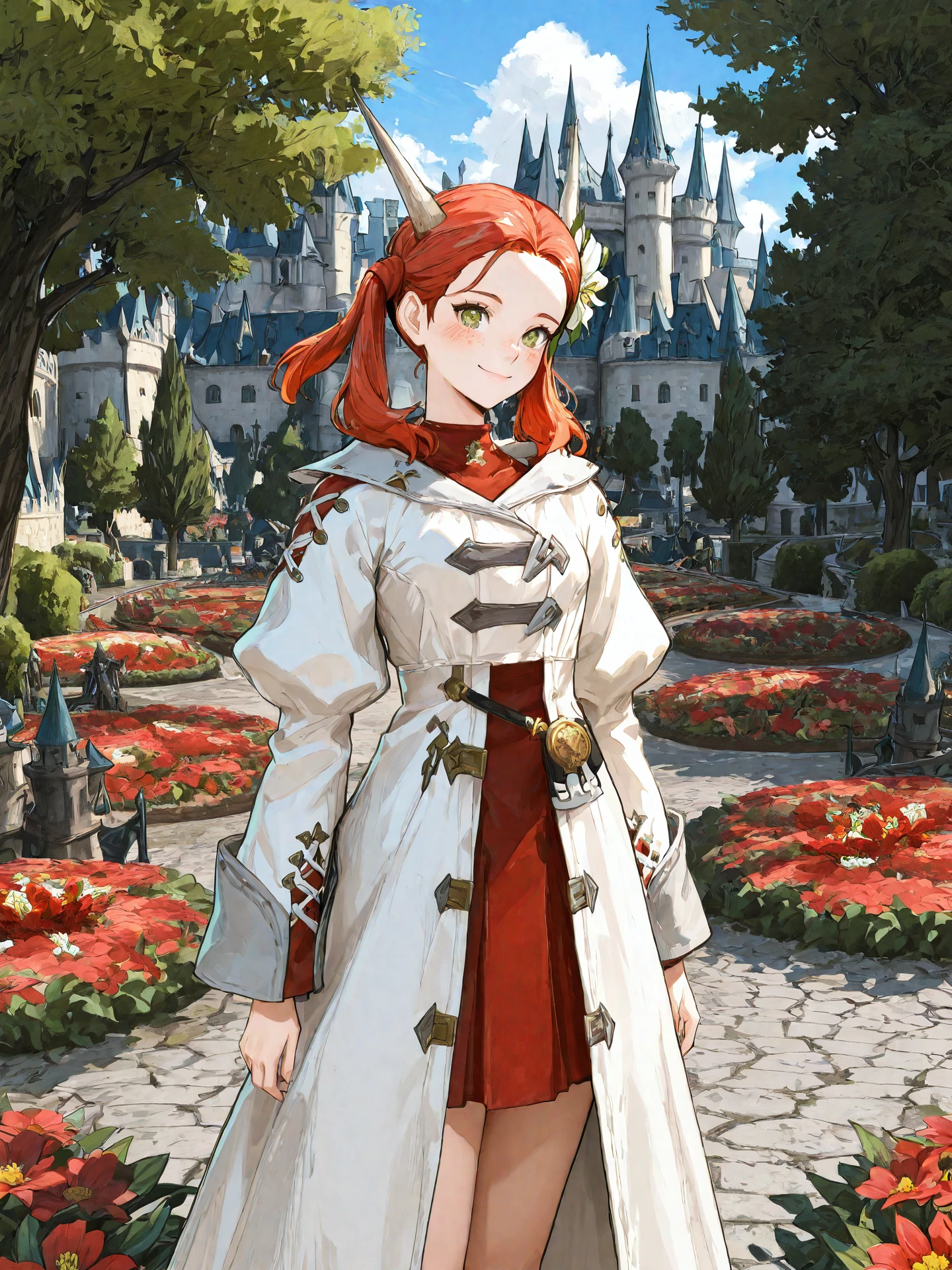 <lora:Raya-O-Senna_0R:0.7>, rayaosenna, <lora:CC_Aesthetic_Masterpiece_1:1>
<lora:ST_Sailor_Moon_Crystal_0R:0.9>, bsssmstyle
green eyes, red hair, twintails, horns, hair flower, freckles
white dress, long coat, red skirt
masterpiece, best quality, amazing quality, very aesthetic, absurdres, highres, detailed background, anime style
1girl, (detailed eyes:1.2), (detailed face:1.2), detailed skin
facing viewer, looking at viewer, dynamic pose, blush, smile
(outdoors, fantasy, town, castle, tree, bush, flower bed)