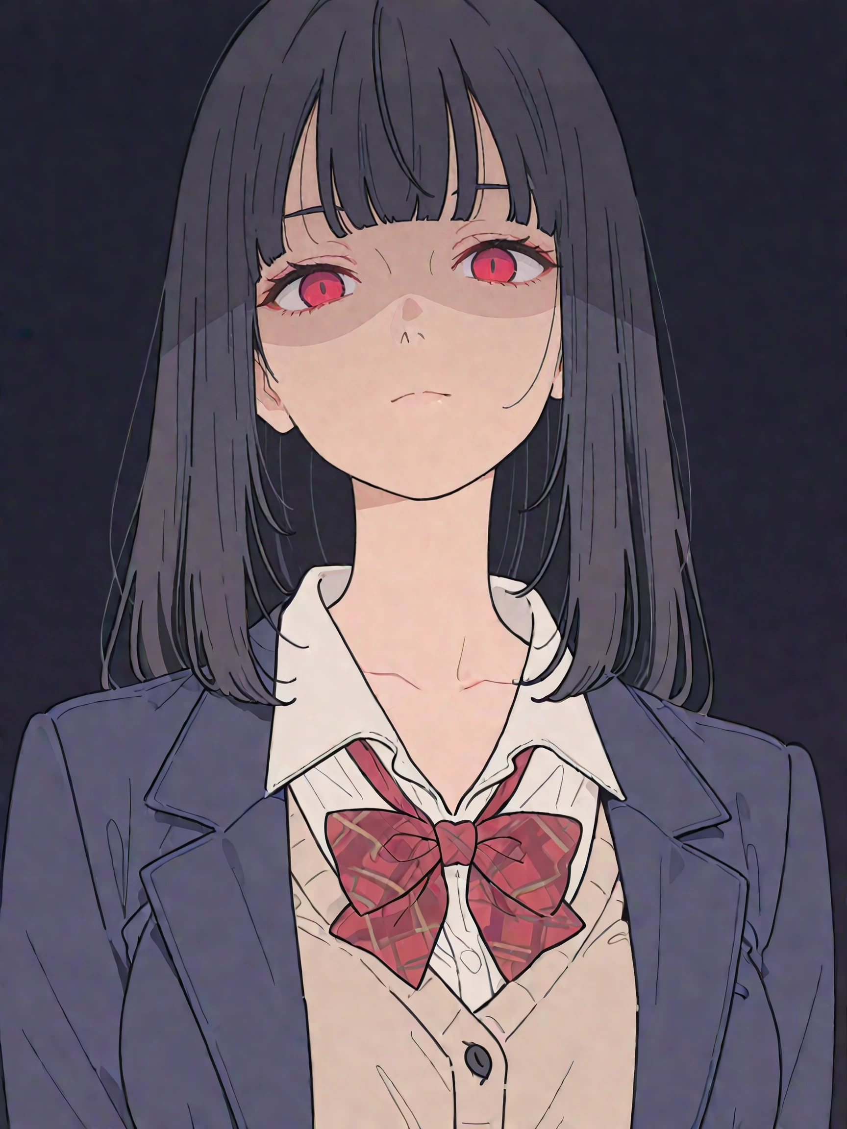 masterpiece,best quality,amazing quality,very aesthetic,absurdres, newest, anime coloring, 2d, anime style,
from front, portrait, close up,face only, 1girl, beautiful face, perfect eyes, detailed eyes,mature female,slim body, black hair,long hair, straight hair,blunt bangs, looking at viewer, red eyes, blank eyes, expressionless, shaded face, large breasts, collarbone, collared shirt,red plaid bowtie,dark blue blazer,beige vest, depth of field,volumetric light,dark background, simple background,
Flatline, Flat vector illustration, flat color,=