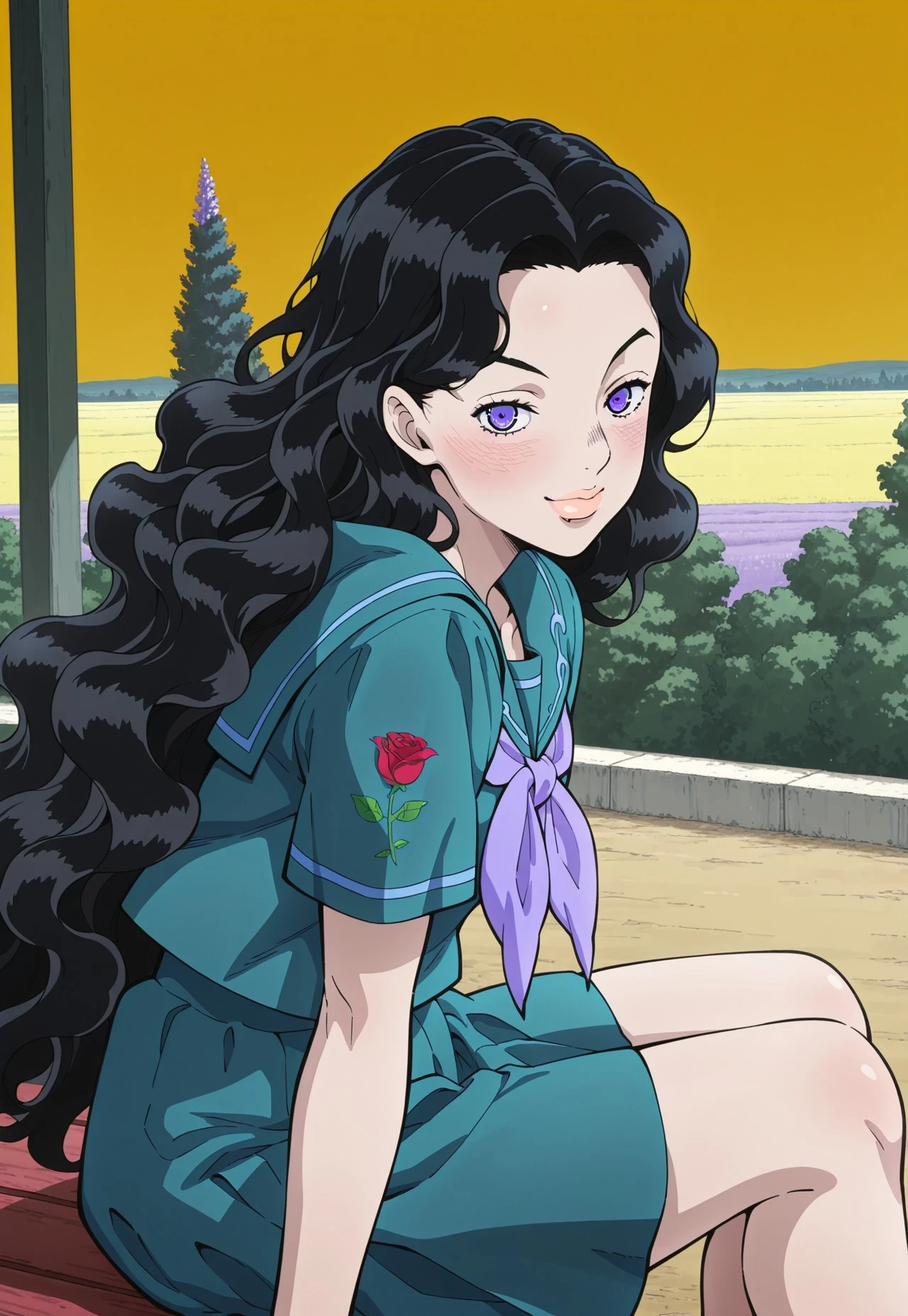 (masterpiece, amazing quality, best quality, highres, ultra-detailed,very aesthetic,best hands, anime coloring,detailed),very aesthetic, illustration, perfect composition, intricate details, absurdres, incredibly absurdres,(((1girl,solo,YukakoYamagishi, Black Hair, Long Hair, Wavy Hair, Purple Eyes, Arched Eyebrows, Lips,Teal Serafuku, Rose Sleeve Imprint, Lavender Bow,perfect face,detailed eyes))),cowboy shot,from side,sitting,knees,looking at viewer,outdoors,yellow sky,trees,smile,blush