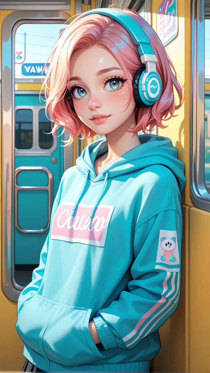 score_9, score_8_up, score_7_up, nsfw,
stylized anime girl wearing one headphones, subway background with soft blur, casual pastel hoodie, natural light reflections on skin, glossy eyes with subtle makeup, realism-inspired style, calm urban mood, high detail